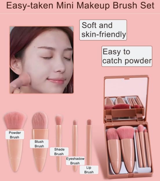 5-Piece Mini Travel Makeup Brush Set with Mirror - Compact Cosmetic Brushes for Foundation, Powder, Concealer, Eyebrow, Eyeshadow, Blush & Lip Gloss | Perfect for On-the-Go Touchups, Travel Kits & Small Makeup Bags