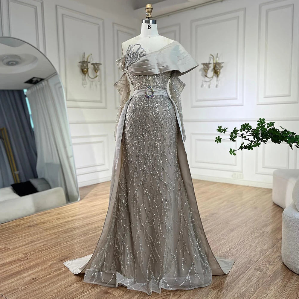 Luxury Arabic Pearl Beaded Evening Dress - Elegant One Shoulder Women's Wedding & Party Gown | Dubai Inspired Formal Wear for Bridal, Prom & Special Occasions