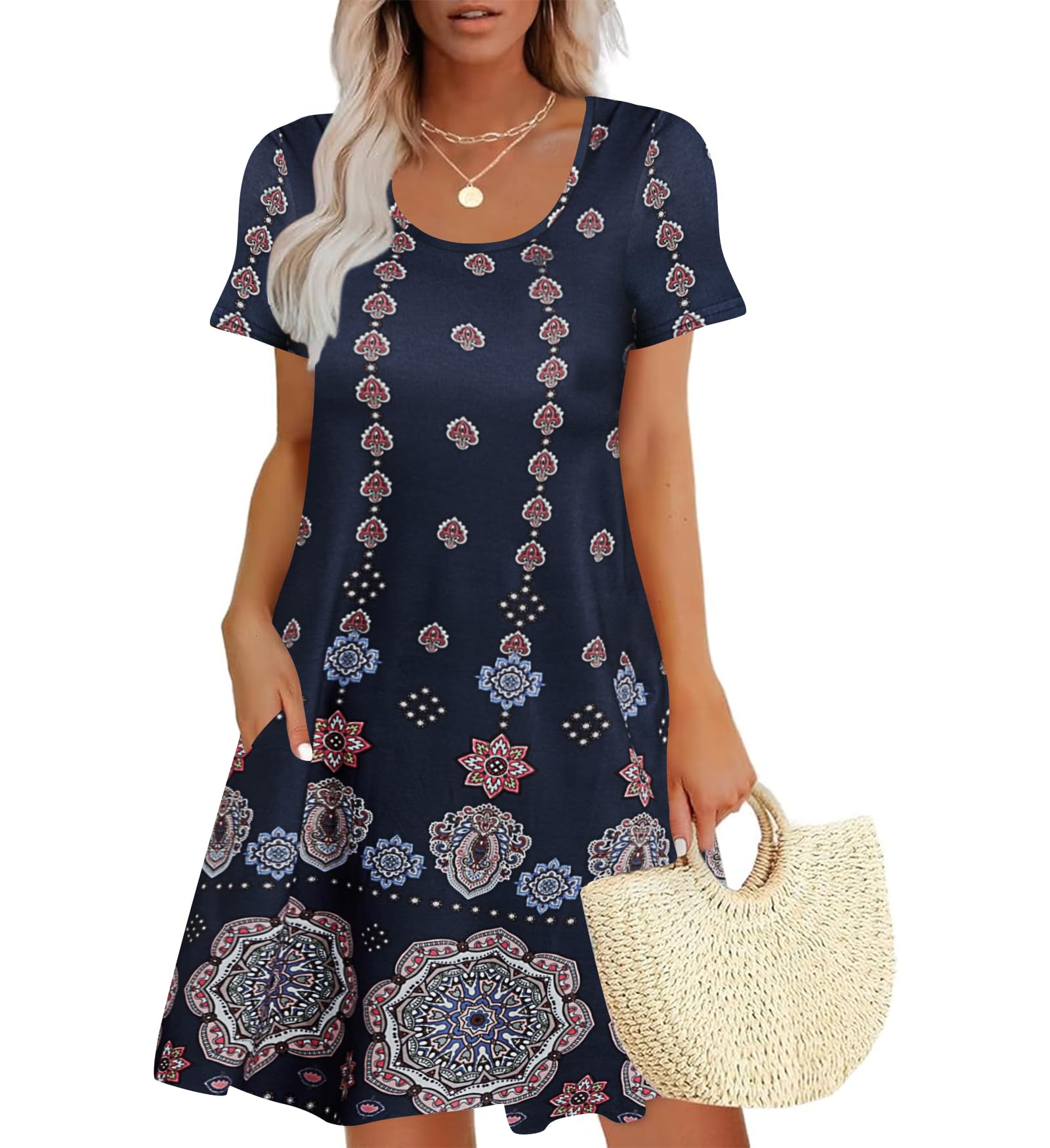 Sherosa Women's Summer Dresses 2025 - Boho Beach Sundress with Pockets, Short Sleeve Loose Fit Casual T-Shirt Dress for Vacation, Travel, and Outdoor Activities