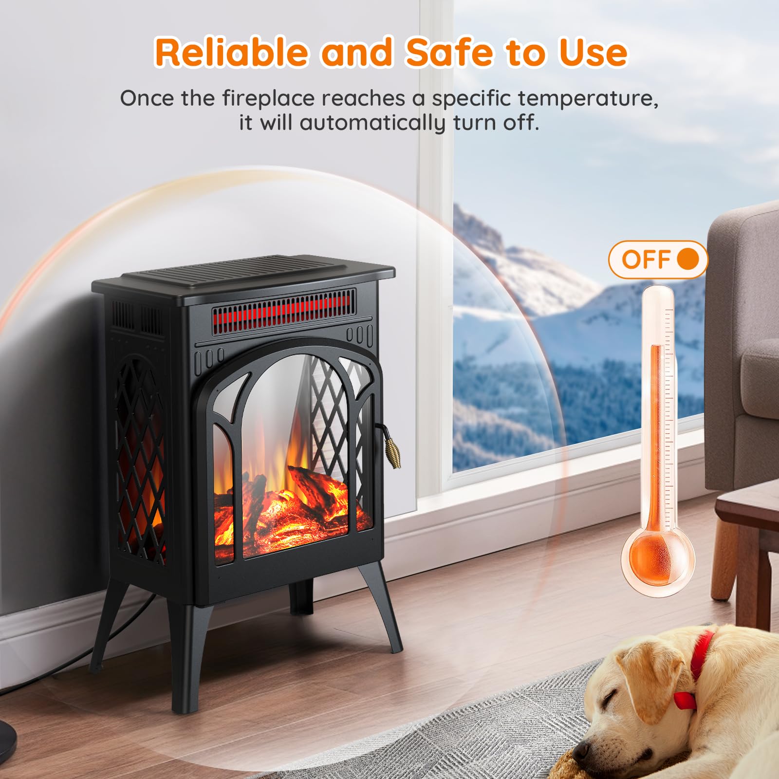 Rintuf 1500W Small Electric Fireplace Heater with 3D Flame Effect - Adjustable Thermostat, 8H Timer & Remote Control - Freestanding Infrared Space Heater for Large Rooms - Perfect for Living Room, Bedroom & Office Indoor Heating
