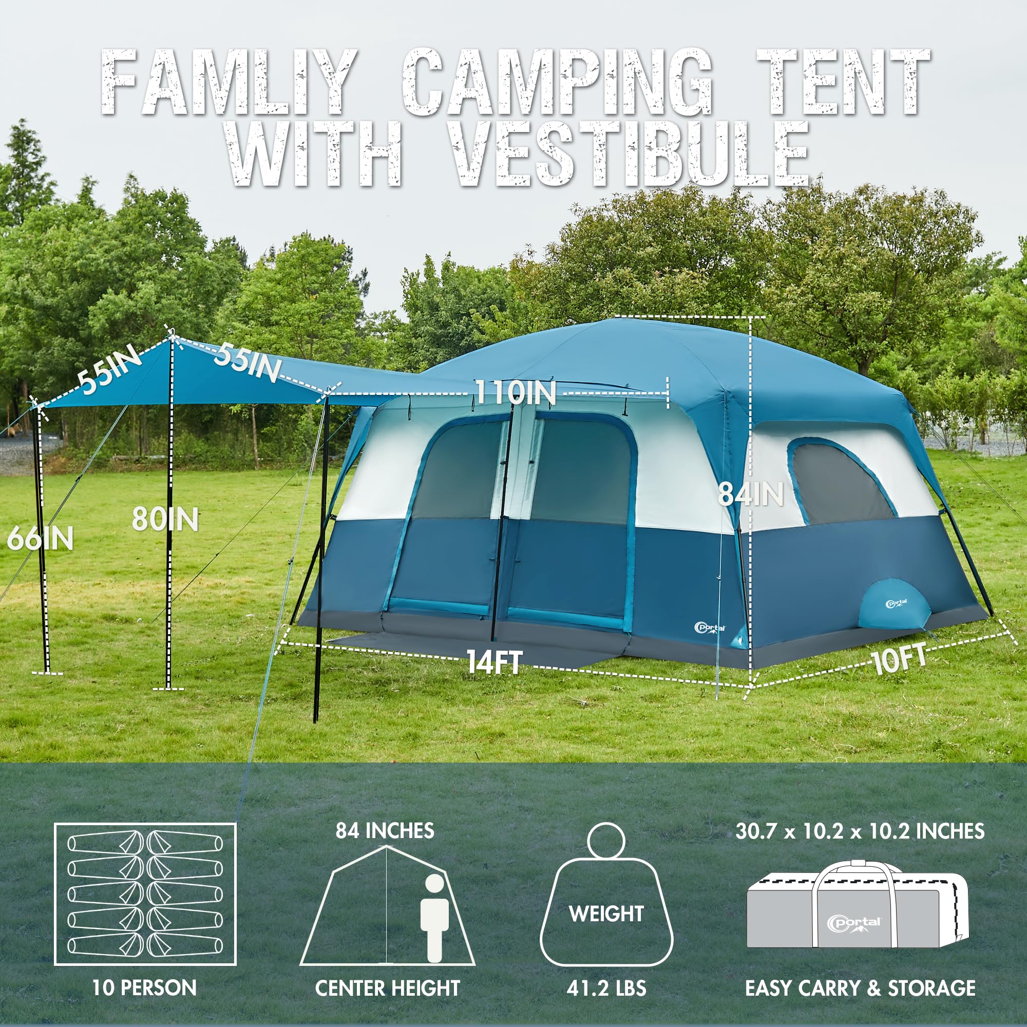 6/8/10 Person Family Camping Tent with Porch - Spacious Waterproof Large Tent with High Ceiling & Ventilation for Outdoor Adventures, Backyard Camping & Family Gatherings