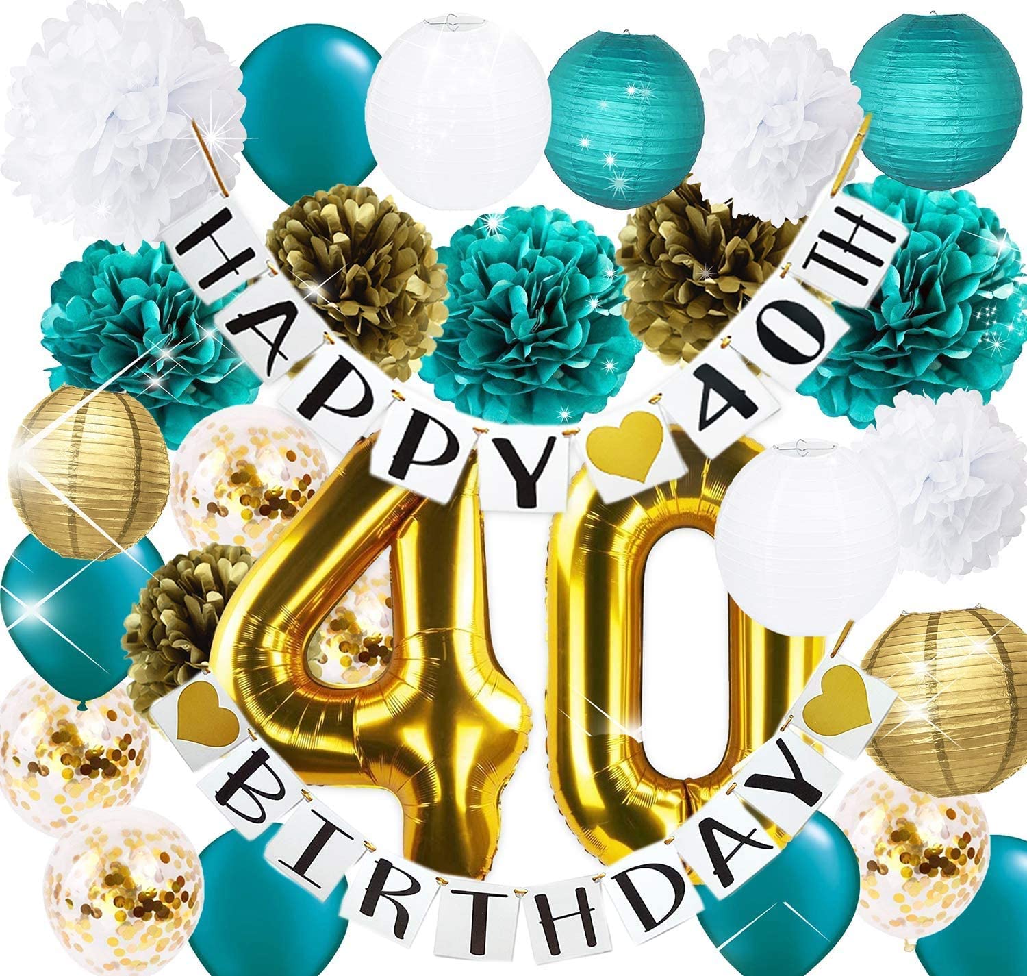 Teal & Gold 40th Birthday Party Decorations Kit - Latex Balloons, Confetti, Tissue Pom Poms for Women's 40th Birthday Celebration | Perfect for Home, Office & Surprise Parties