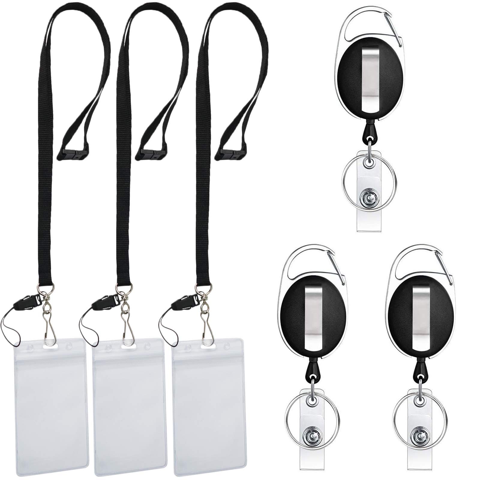 Black Retractable Badge Lanyard with ID Holder - 3Pack for Nurses, Office & Keychain Use
