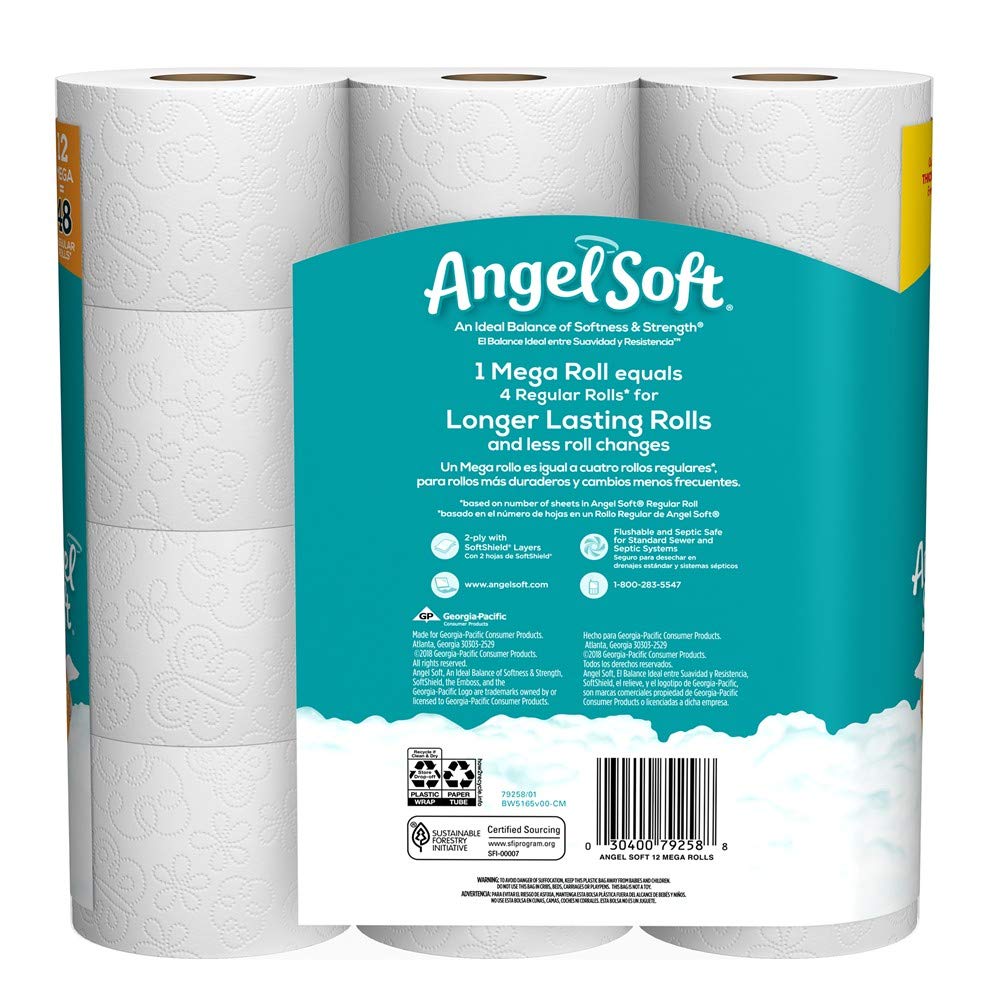 Angel Soft Toilet Paper - 12 Mega Rolls (Equivalent to 24 Regular Rolls) | Ultra Soft & Strong Bath Tissue for Home, Office & Travel Use