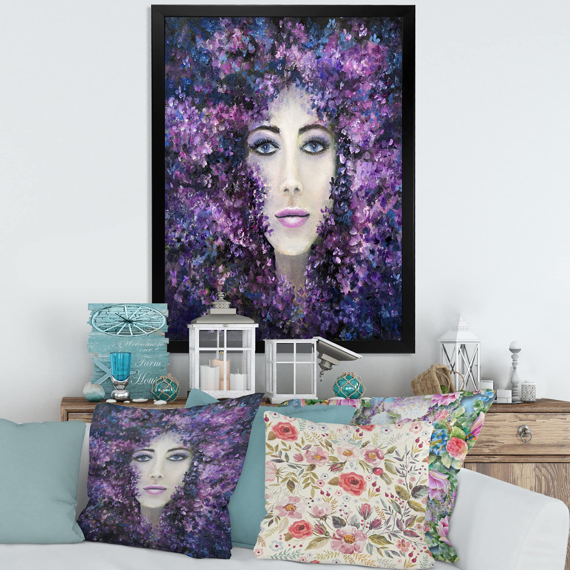 Modern Framed Wall Art - Purple Lavender Flowers Woman Portrait Painting for Living Room, Bedroom & Office Decor | Home & Office Wall Decorations