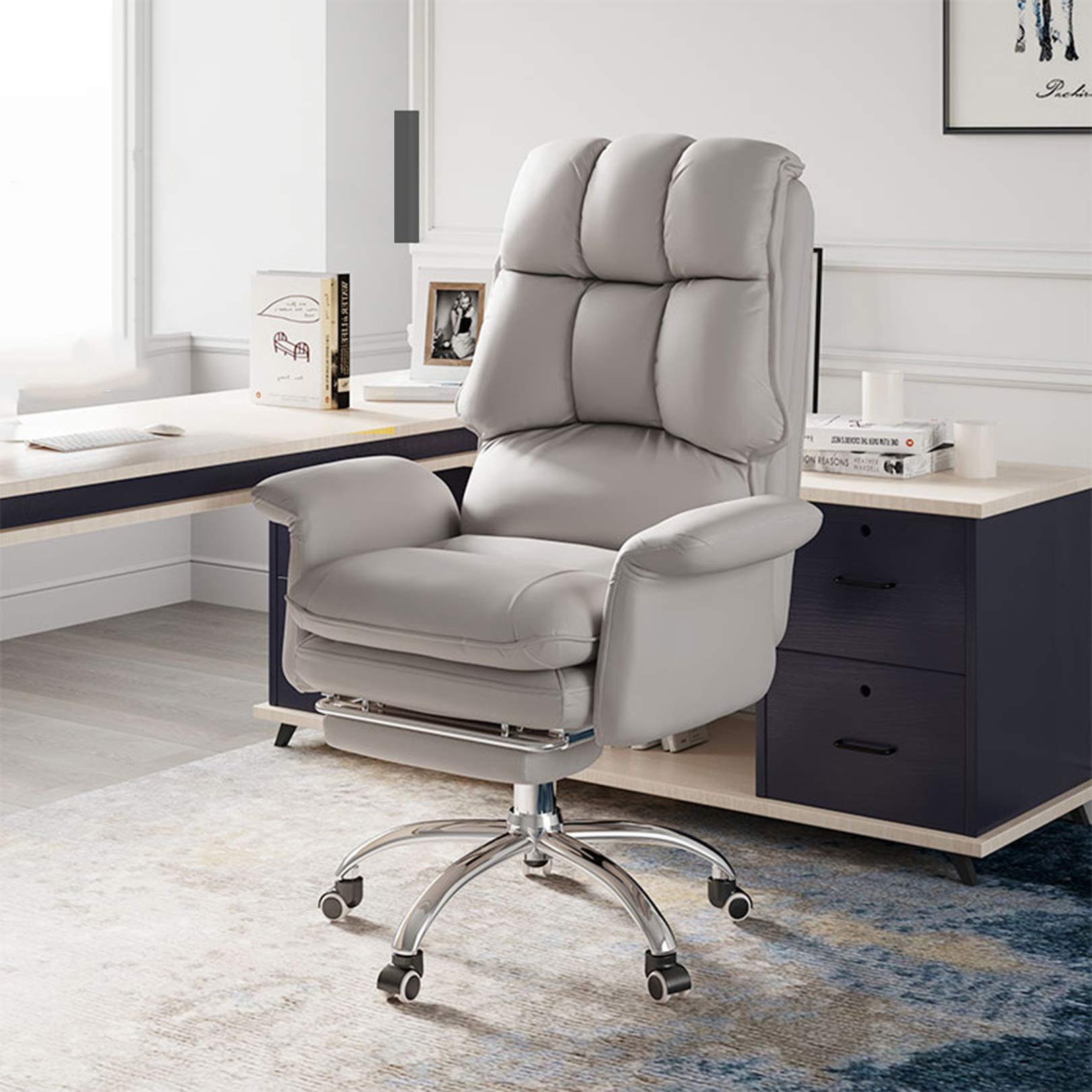 Ergonomic PU Leather Office Chair with Lumbar Support - High Back Swivel Executive Desk Chair, Adjustable Rolling Computer Chair with Retractable Footrest for Home Office, Gaming & Workspace Comfort