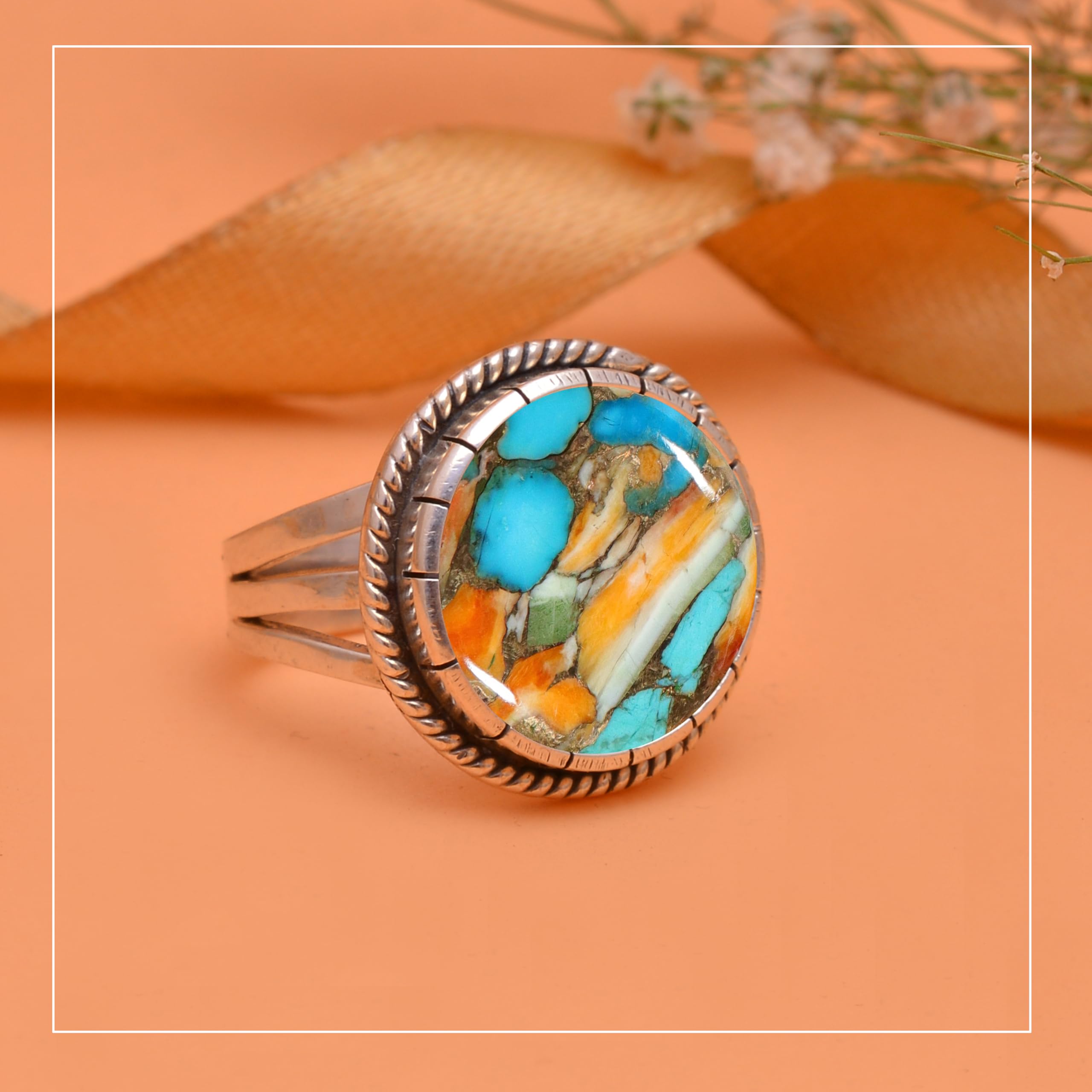 Veracity Jewelry 925 Sterling Silver Oyster Copper Turquoise Rings for Women - Kingman Mojave Mohave Spiny Oyster Healing Meditation Jewelry - Multi Color Turquoise Rings - VSR-615 - Perfect for Boho Style, Spiritual Healing & Fashion Accessories