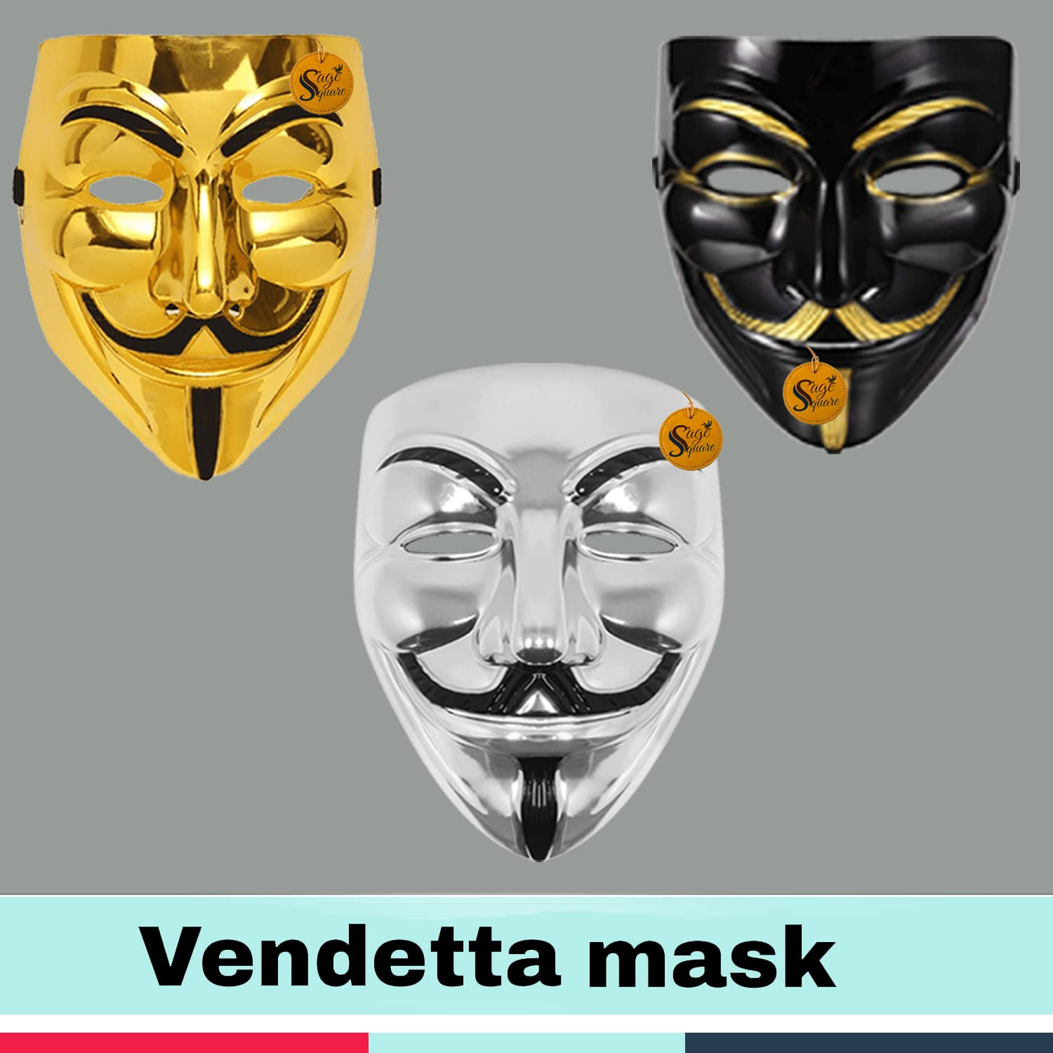 V for Vendetta Face Mask Set of 3 - Black, Gold & Silver Anonymous Cosplay Masks | Perfect Fit Fawkes Mask for Halloween, Protests & Movie Costumes