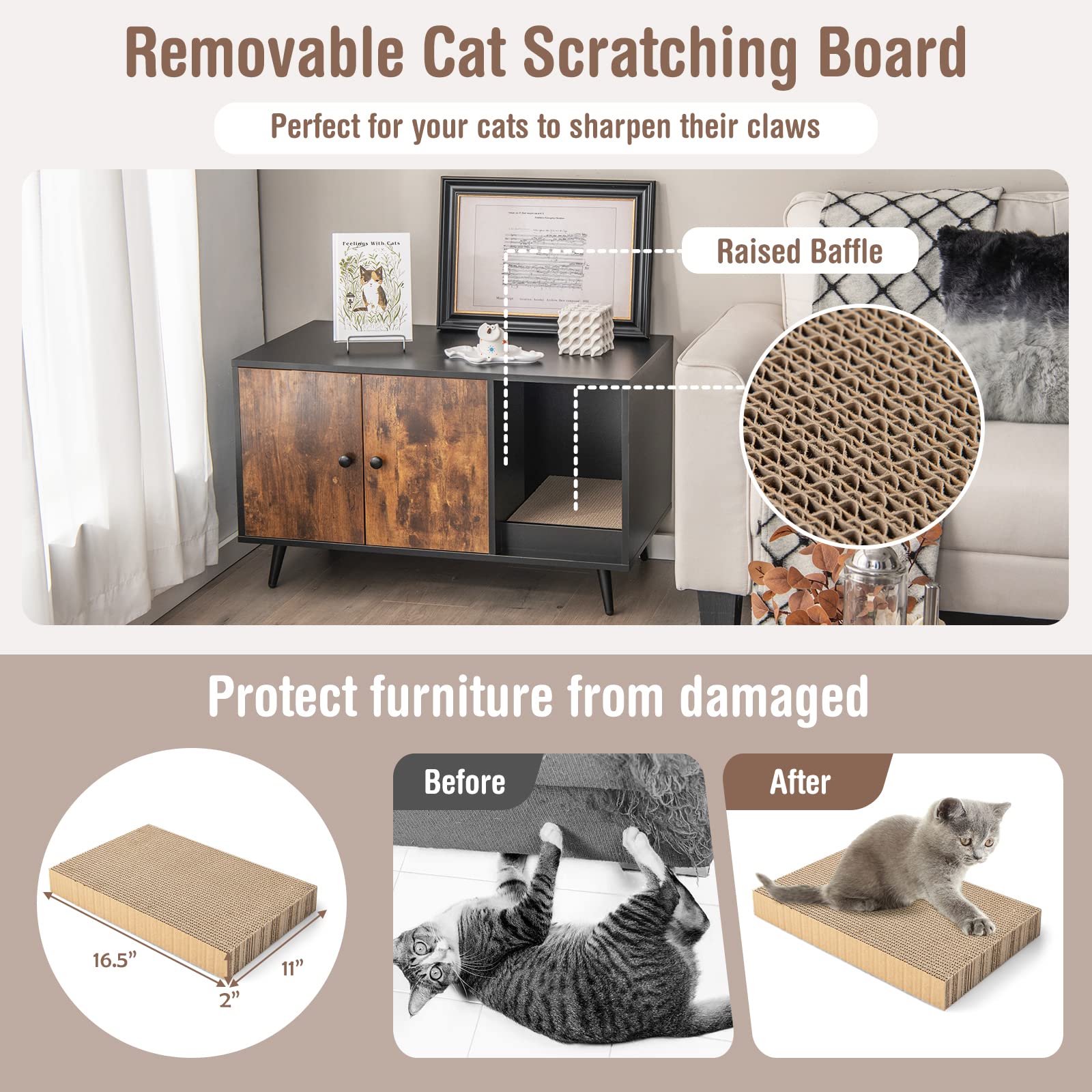 Tangkula Enclosed Cat Litter Box Furniture with Divider, Scratching Pad & Metal Legs - Hidden Litter Box Cabinet with Double Doors for Large Cats (Rustic Brown) | Perfect for Living Rooms, Bedrooms & Small Spaces