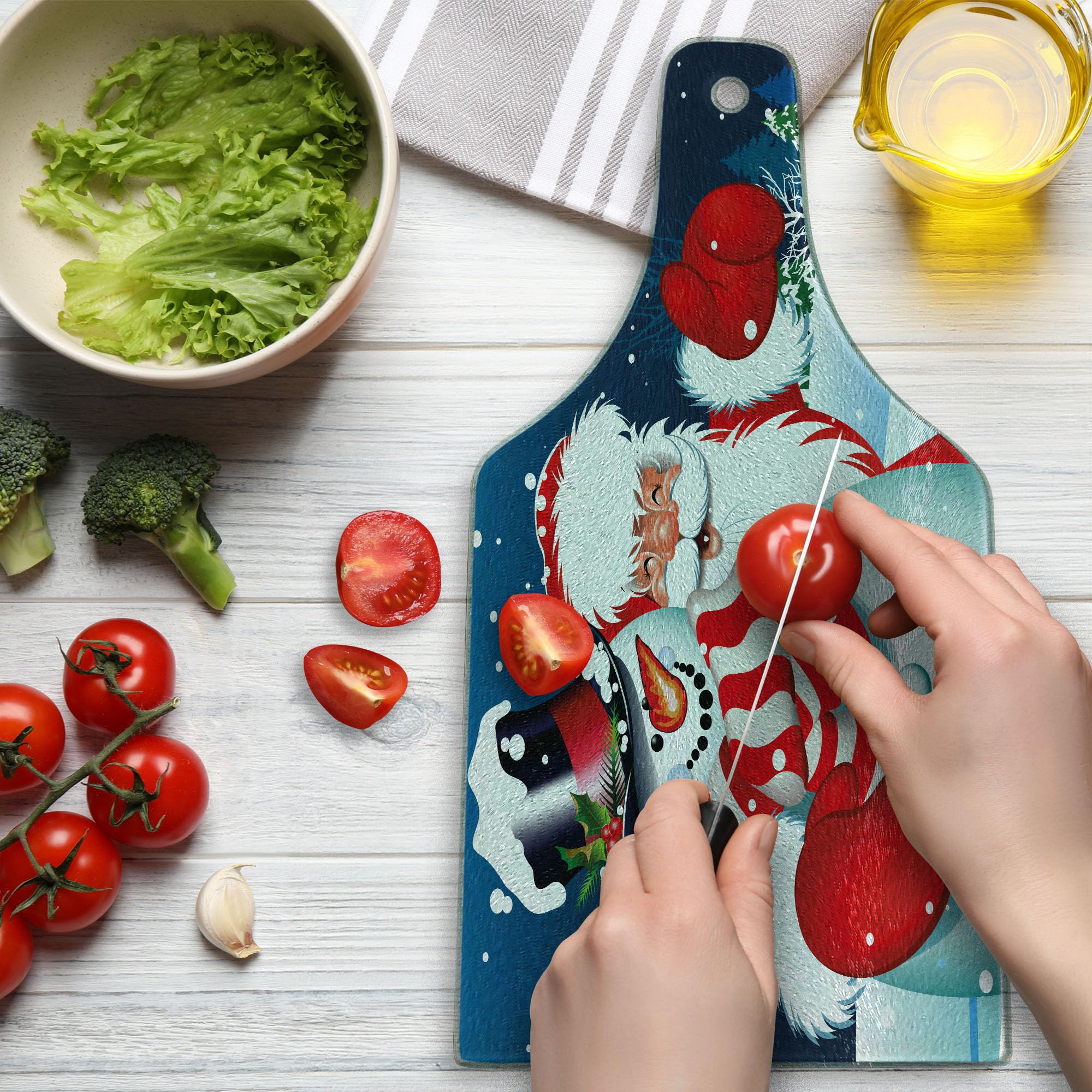 Ambesonne Christmas Cutting Board - Smiling Santa Claus Hugging Snowman on Winter Hills with Fir Trees - Durable Tempered Glass Serving Board in Wine Bottle Shape (Blue, Red, White) - Perfect for Holiday Entertaining, Cheese Platters & Festive Decor