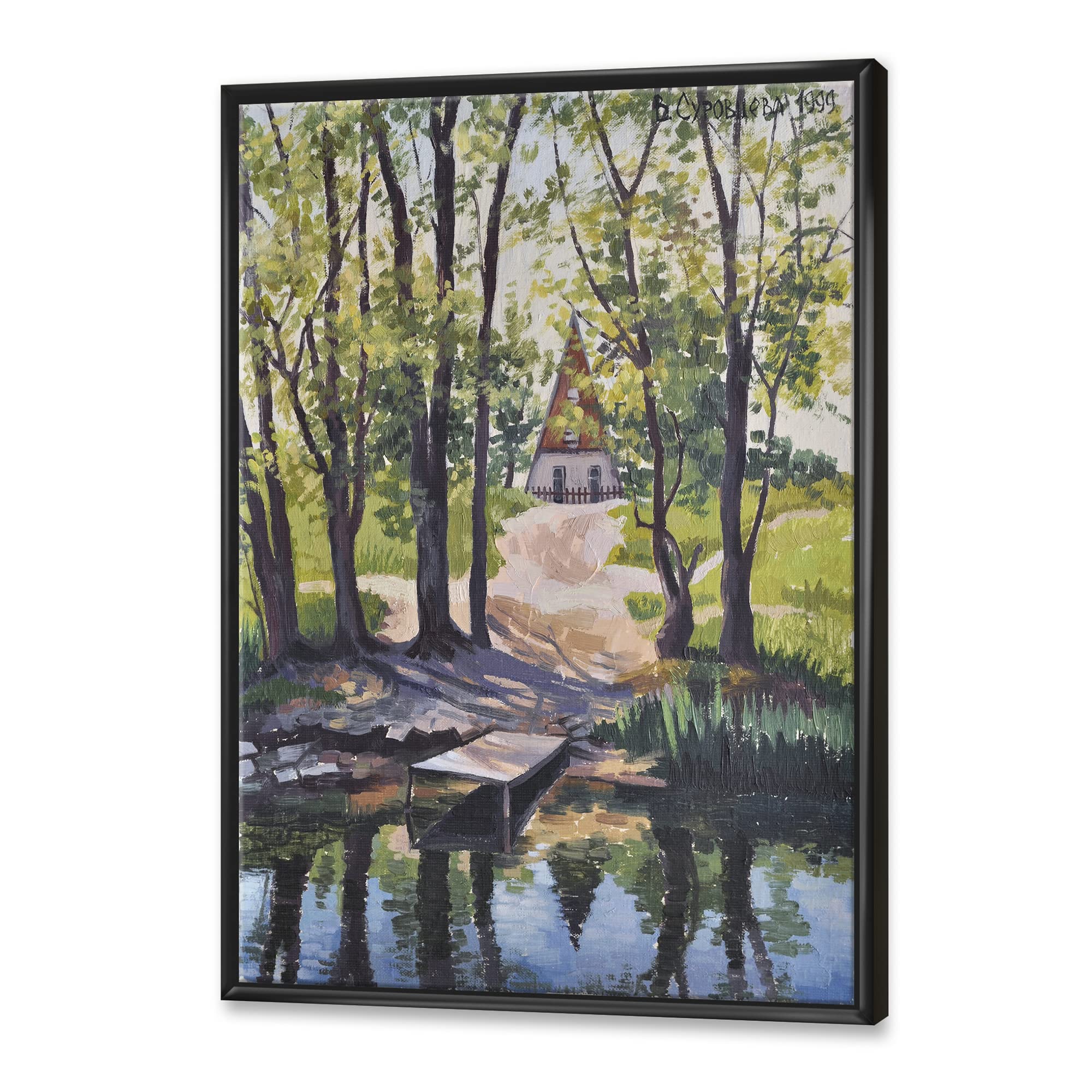 Mysterious Lake House by the River in the Woods - Framed Canvas Wall Art Print - Perfect for Living Room, Bedroom & Office Decor