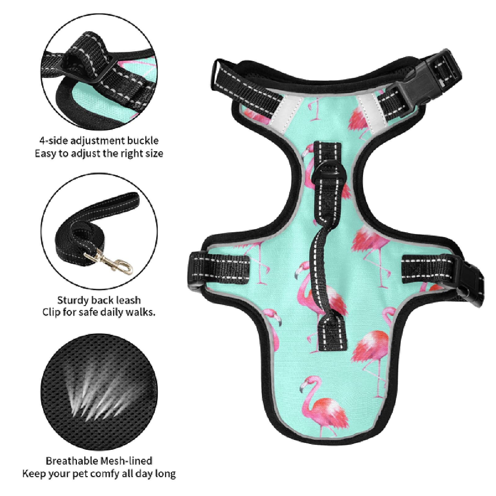 **Flamingo Dog Harness No Pull Reflective Vest - Breathable Adjustable Pet Harness with Nylon Handle for Small & Medium Dogs - Perfect for Walking, Running & Outdoor Adventures**