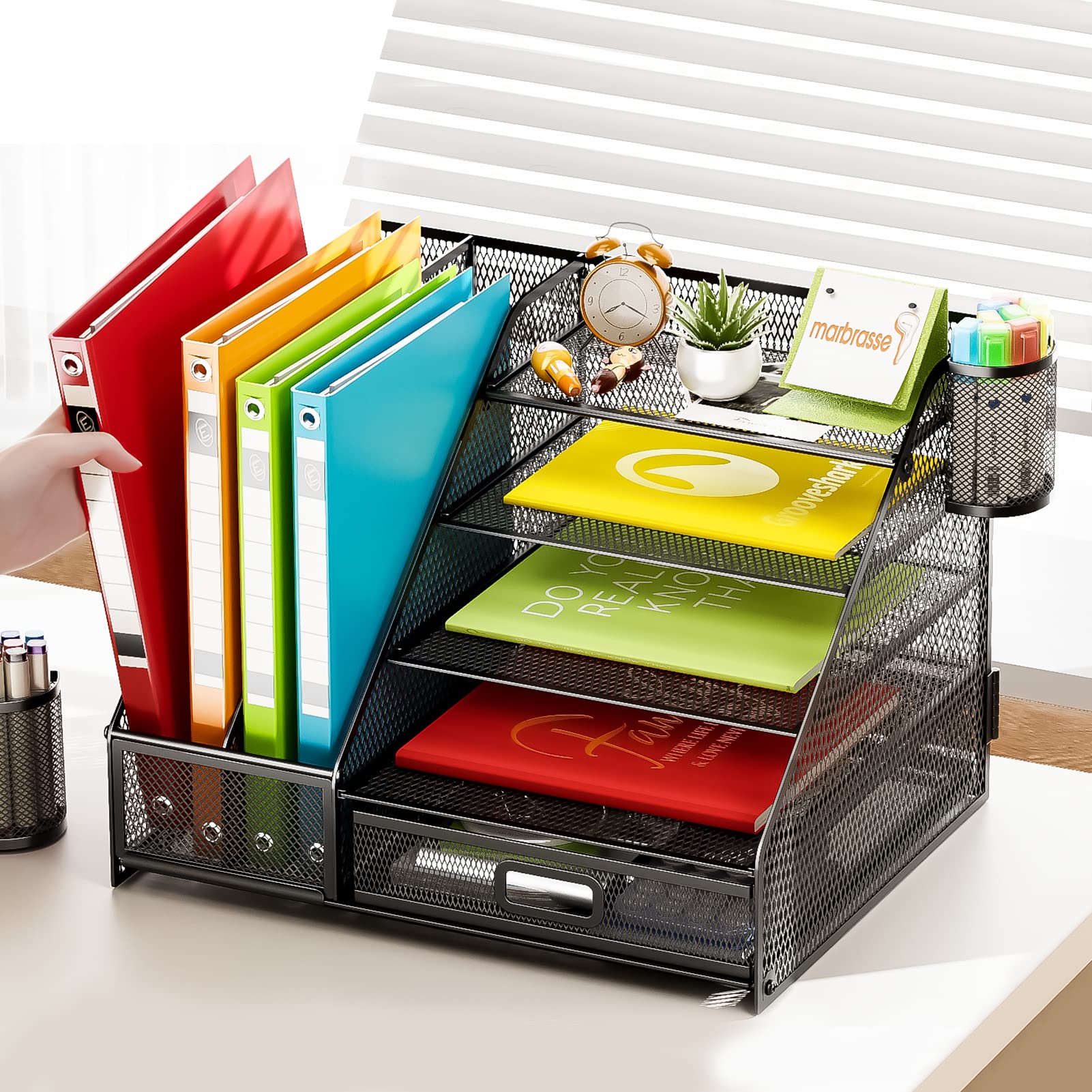 5-Tier Mesh Desk Organizer with File Holder & Drawer - Letter Tray, Pen Holders & Office Storage | Perfect for Home Office, School & Workspace Organization