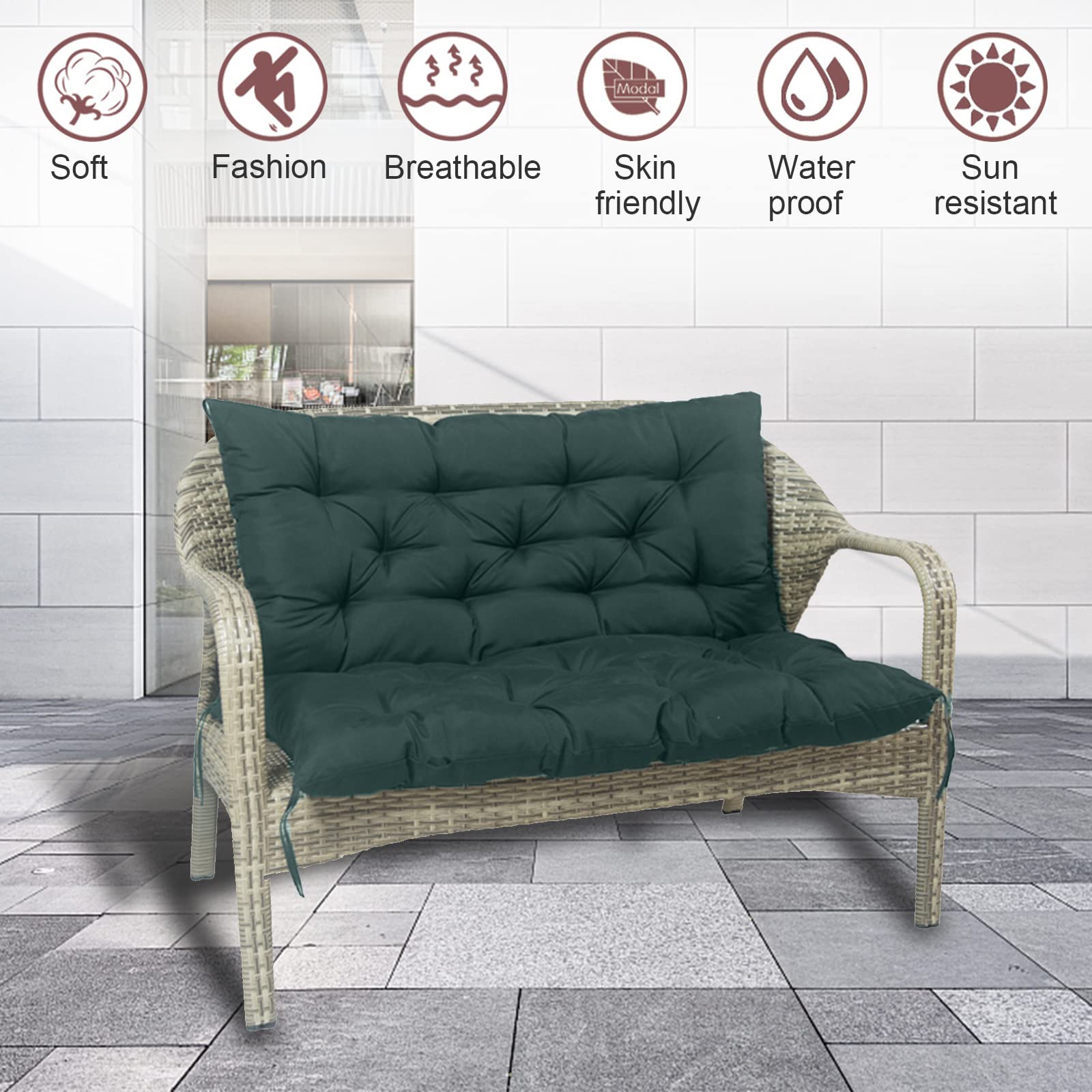 Outdoor Porch Swing Cushion with Backrest - Waterproof Thick Bench Cushion for 2-3 Seater Garden Swing, Patio Furniture Replacement (60x40in, Dark Green) - Perfect for Relaxing on Your Deck, Backyard or Sunroom