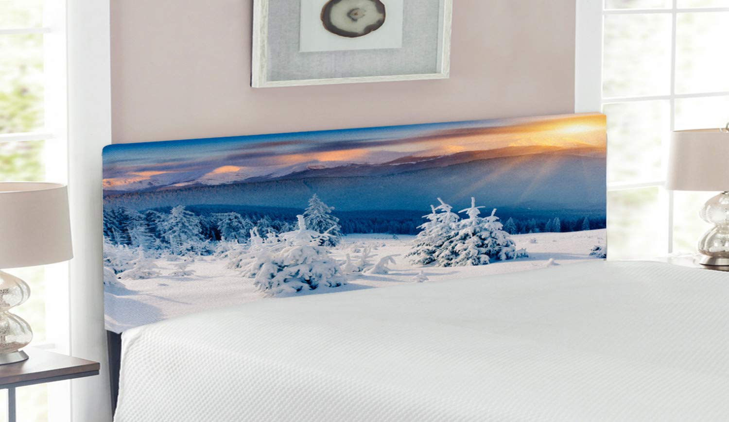 Ambesonne Winter Headboard - Dramatic Alpine Sunrise Sky Design, Upholstered Metal Bed Headboard with Memory Foam, Queen Size in White Blue Apricot - Perfect for Cozy Bedrooms & Winter Home Decor