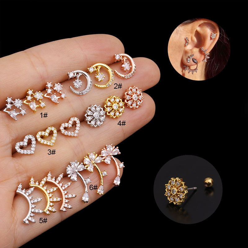 20G Cartilage Tiny Stud Earrings - Moon & Flower Design Hypoallergenic Stainless Steel Earrings for Women | Perfect for Daily Wear, Parties & Gifts