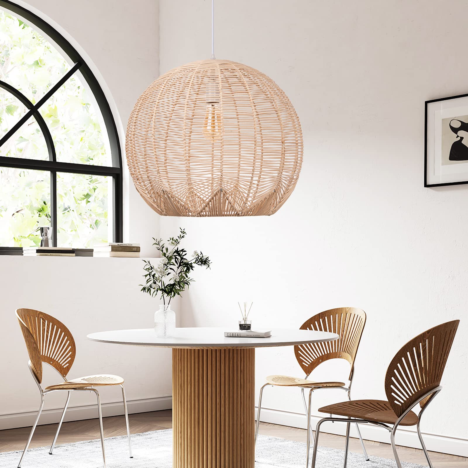 WalmHomie Handwoven Rattan Pendant Light - Natural Wicker Chandelier for Kitchen Island, Dining Room & Coffee Bar | Boho Ceiling Hanging Fixture for Farmhouse & Modern Decor
