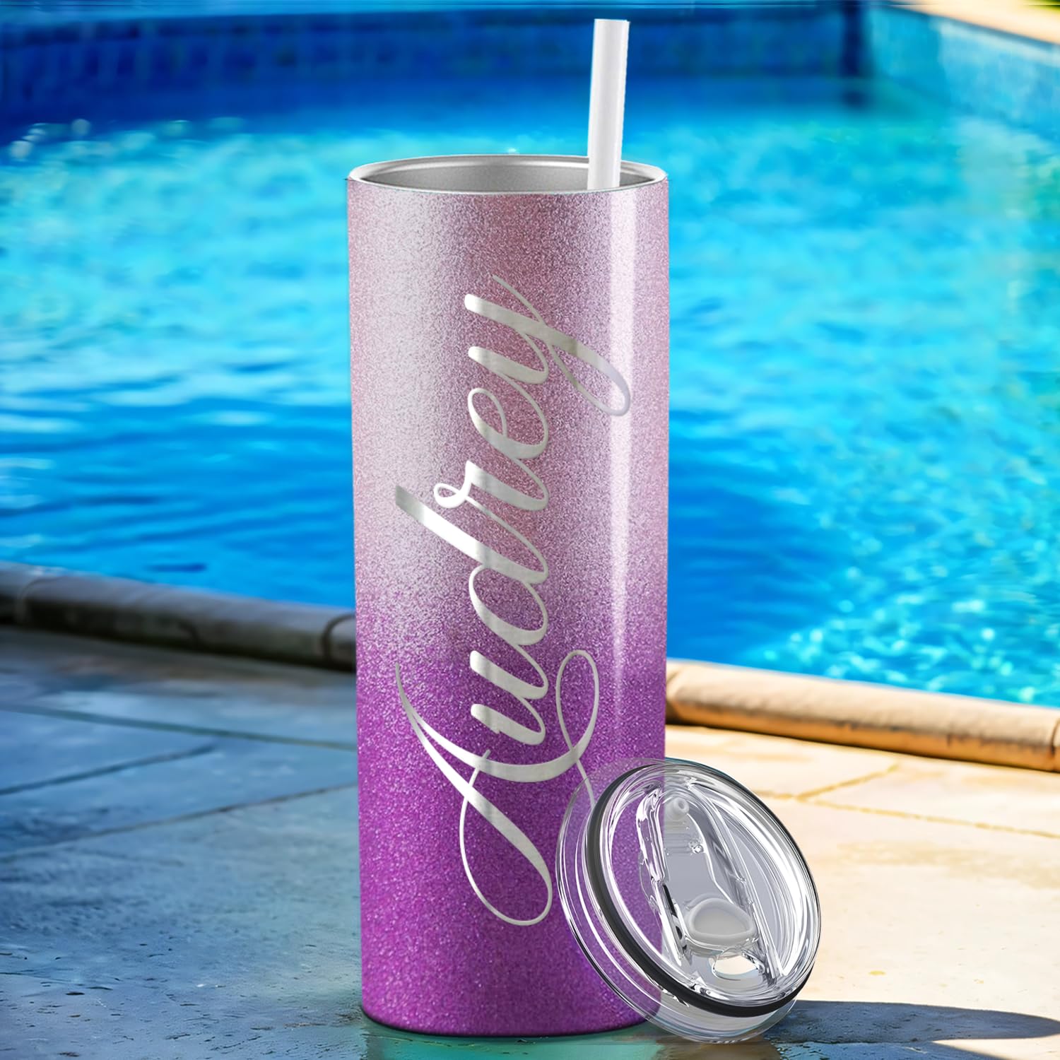Customized 20 oz Skinny Stainless Steel Vacuum Insulated Tumbler with Lid - Personalized Laser Engraved Lavender Twilight Design - Perfect Gift for Coffee, Tea & Cold Drinks at Home, Office or Travel