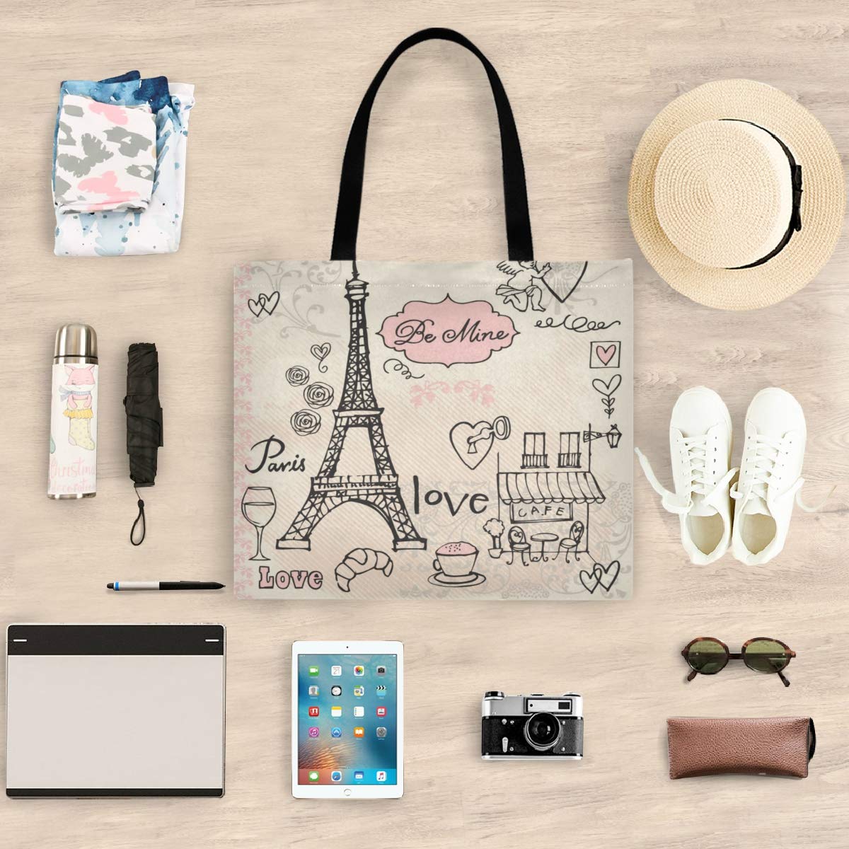 Visesunny Women's Extra Large Tote Bag with Eiffel Tower Design - Paris Love Shoulder Bag for Beach, Travel, Grocery Shopping & Daily Use - Durable Reusable Storage Handbag for Women