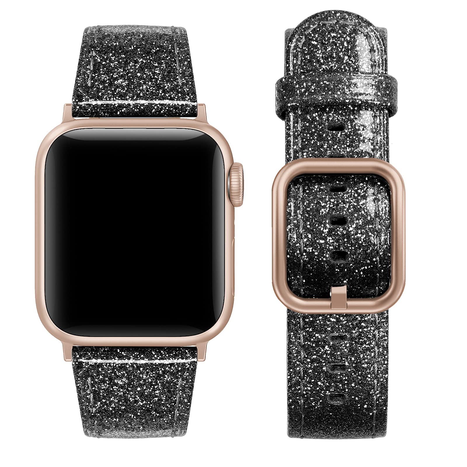 Premium Genuine Leather Apple Watch Bands for 38mm 40mm 41mm - Compatible with iWatch Series 7/6/5/4/3/2/1/SE - Women's Luxury Replacement Strap in Shimmering Black - Perfect for Workouts, Office & Everyday Wear