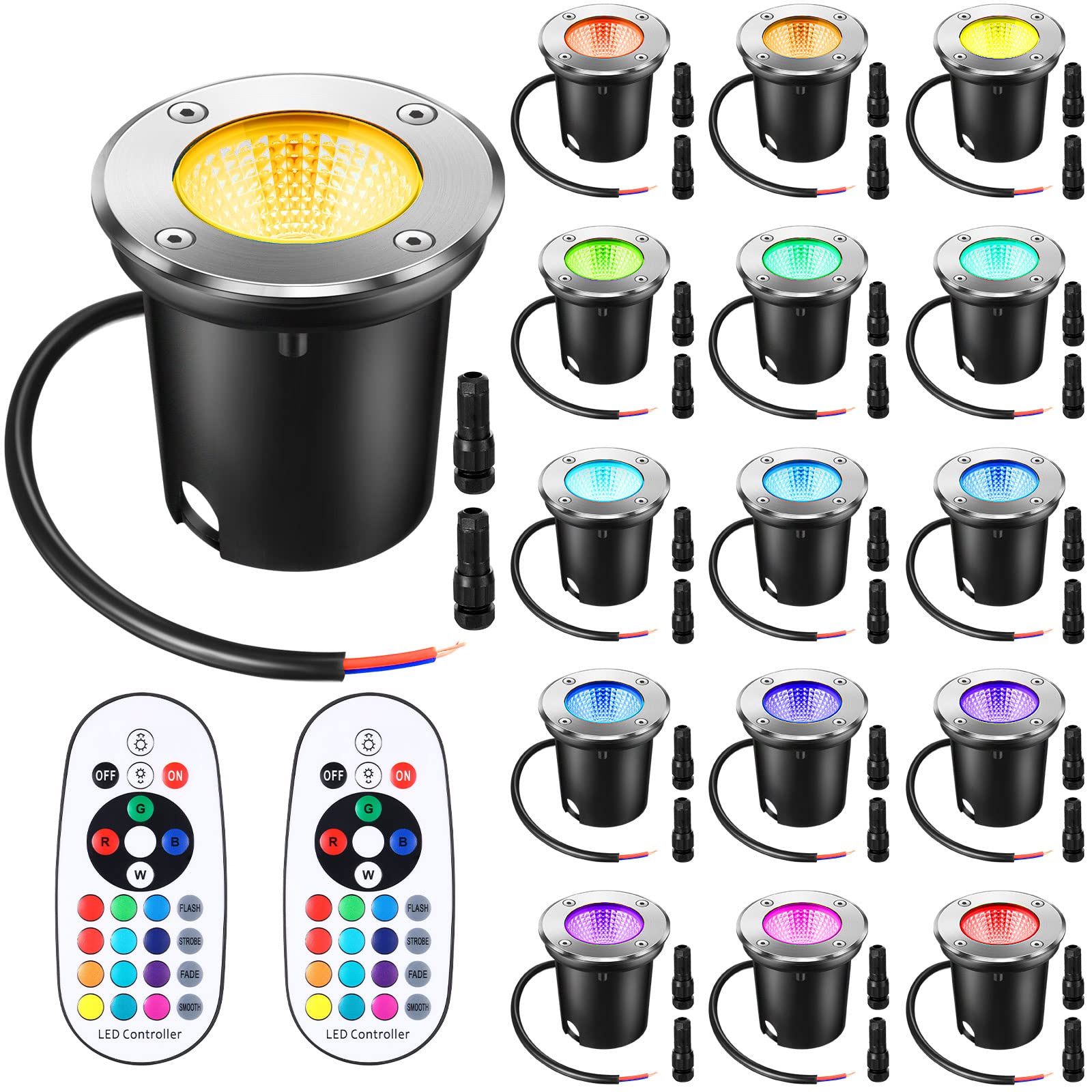 16 Pack 10W Low Voltage Landscape Lights with 32 Connectors & 2 Remotes - RGBW Color Changing LED Well Lights 12V-24V Waterproof Outdoor In-Ground Lighting for Garden, Pathway, Deck, Yard & Patio - Perfect for Landscape Accent Lighting & Nighttime Ambiance