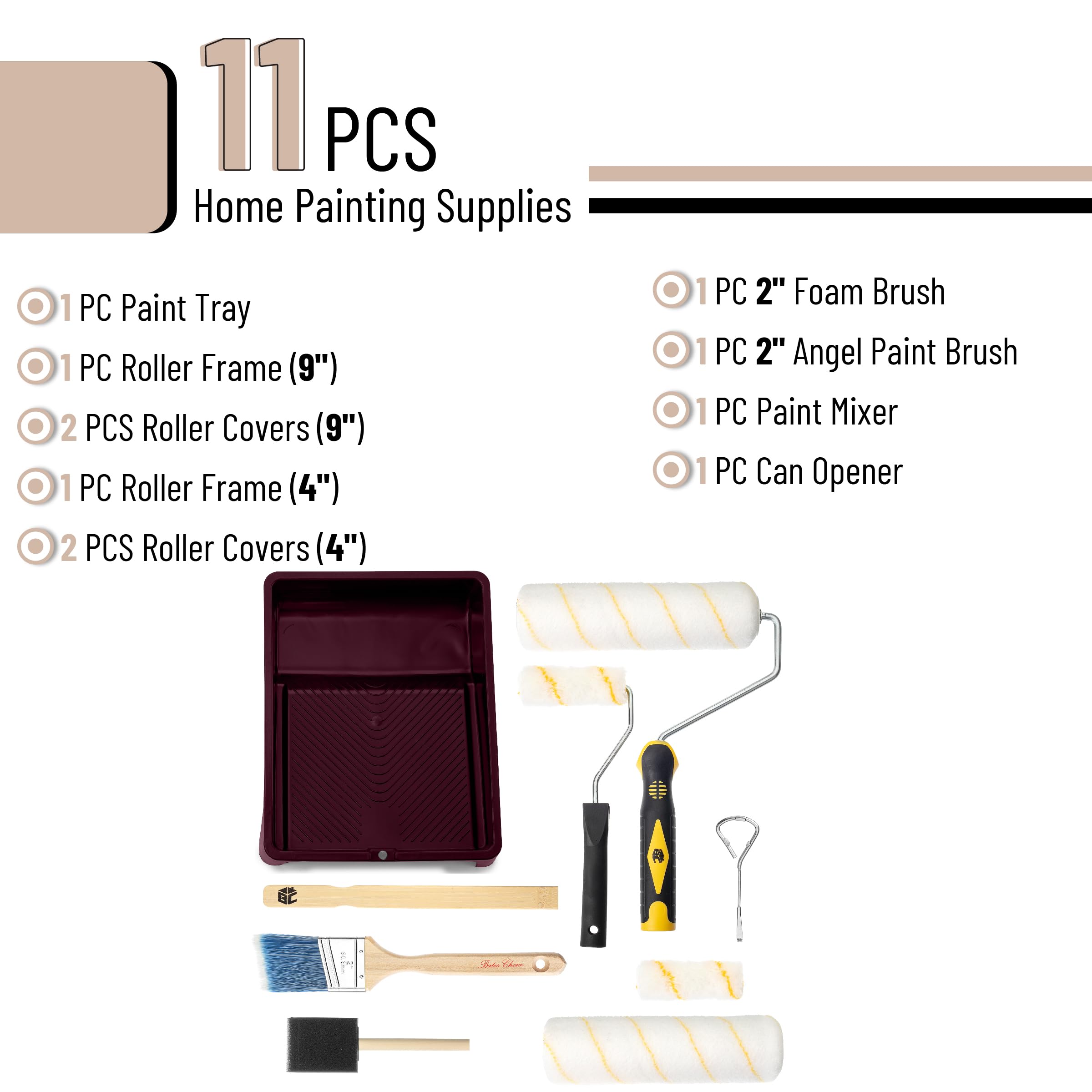 11-Piece Bates Paint Tray Set with 9-Inch & 4-Inch Rollers - Complete House Painting Kit for Walls, Ceilings & DIY Projects - Includes Paint Roller Tray, Covers & Accessories