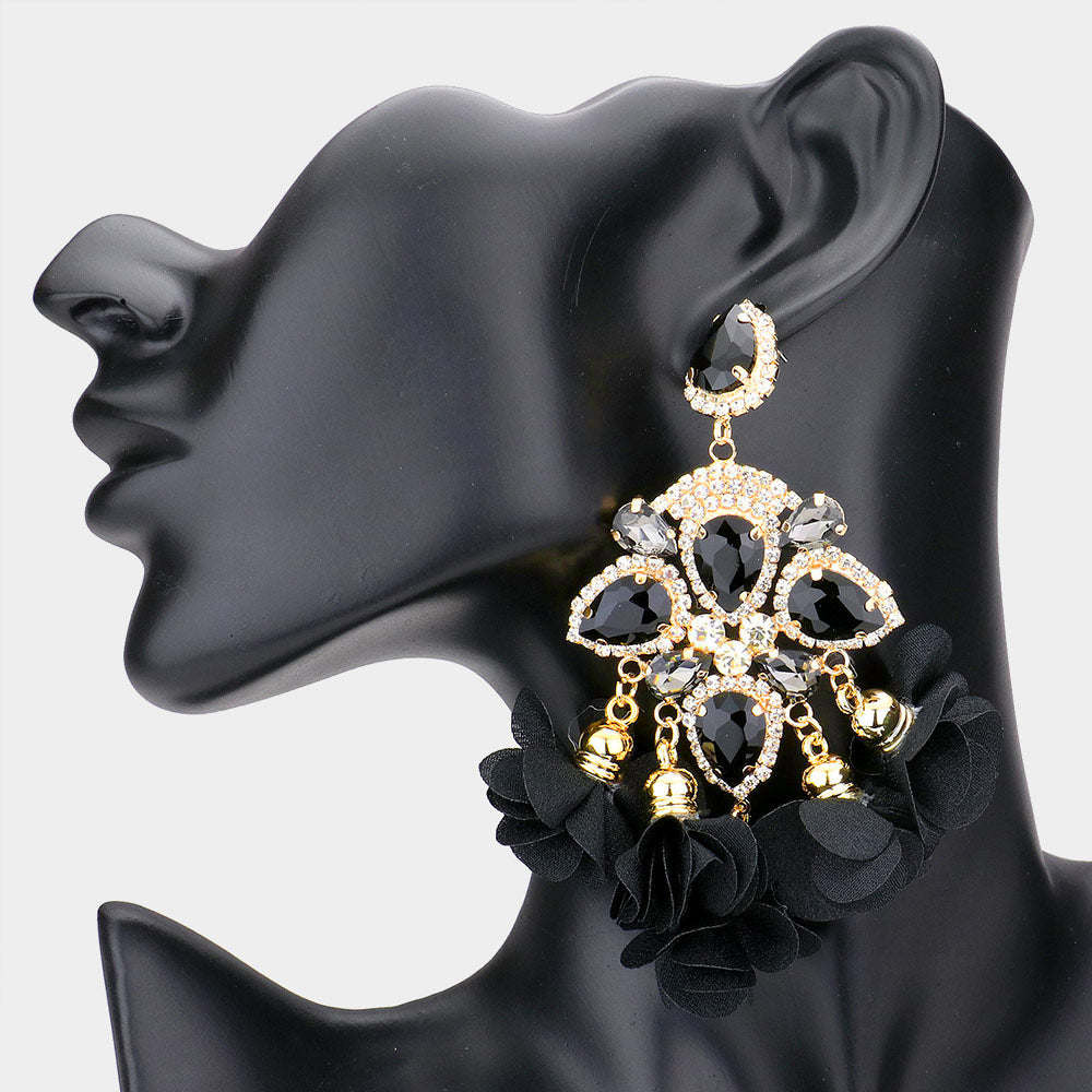 Elegant Black Crystal & Fabric Flower Chandelier Earrings for Women | Fashion Statement Jewelry for Parties, Weddings & Evening Events