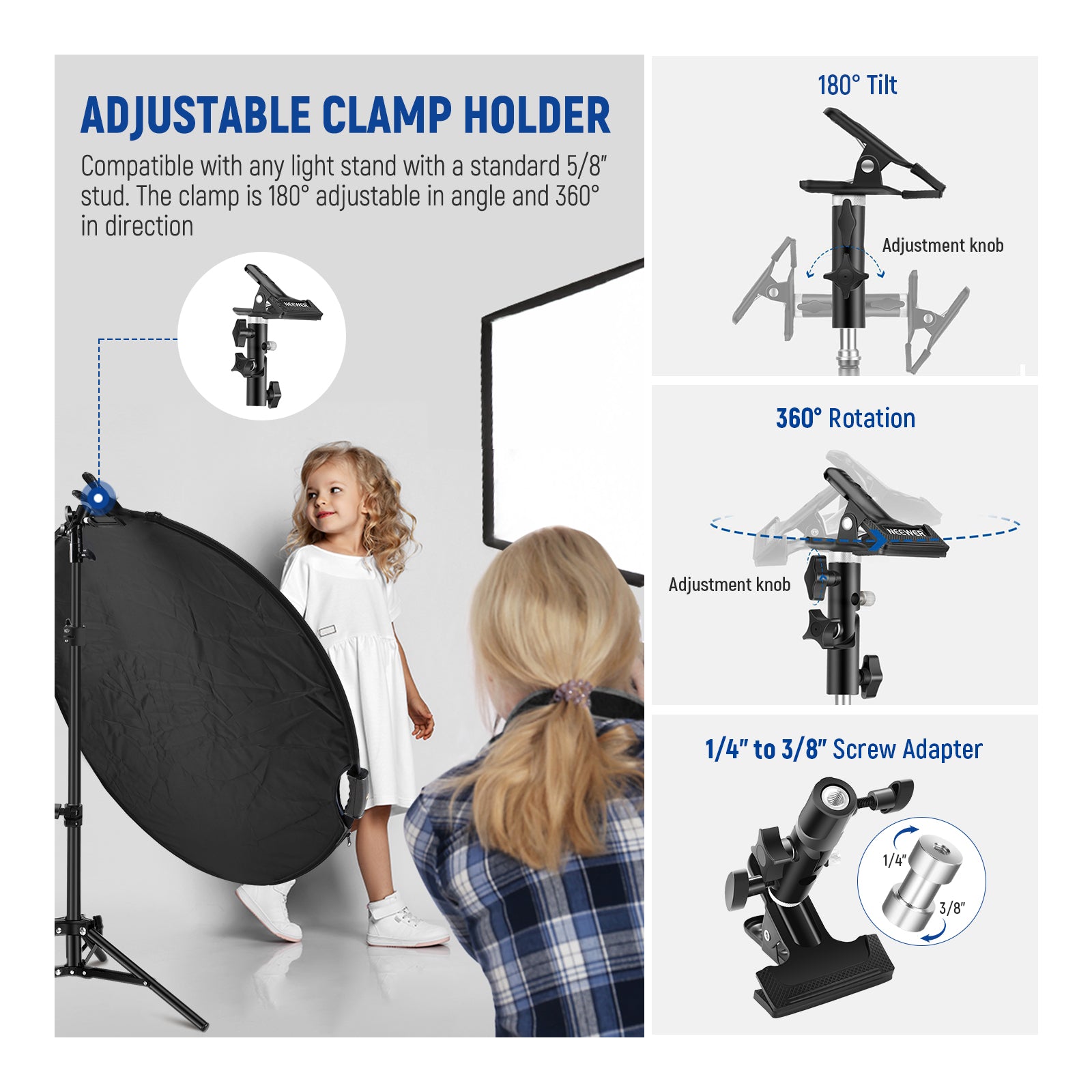 NEEWER RF 80II 5-in-1 Light Reflector Kit with Clamp & Hand Grips for Photography, Videography, and Studio Lighting - Perfect for Portraits, Product Shoots, and YouTube Videos