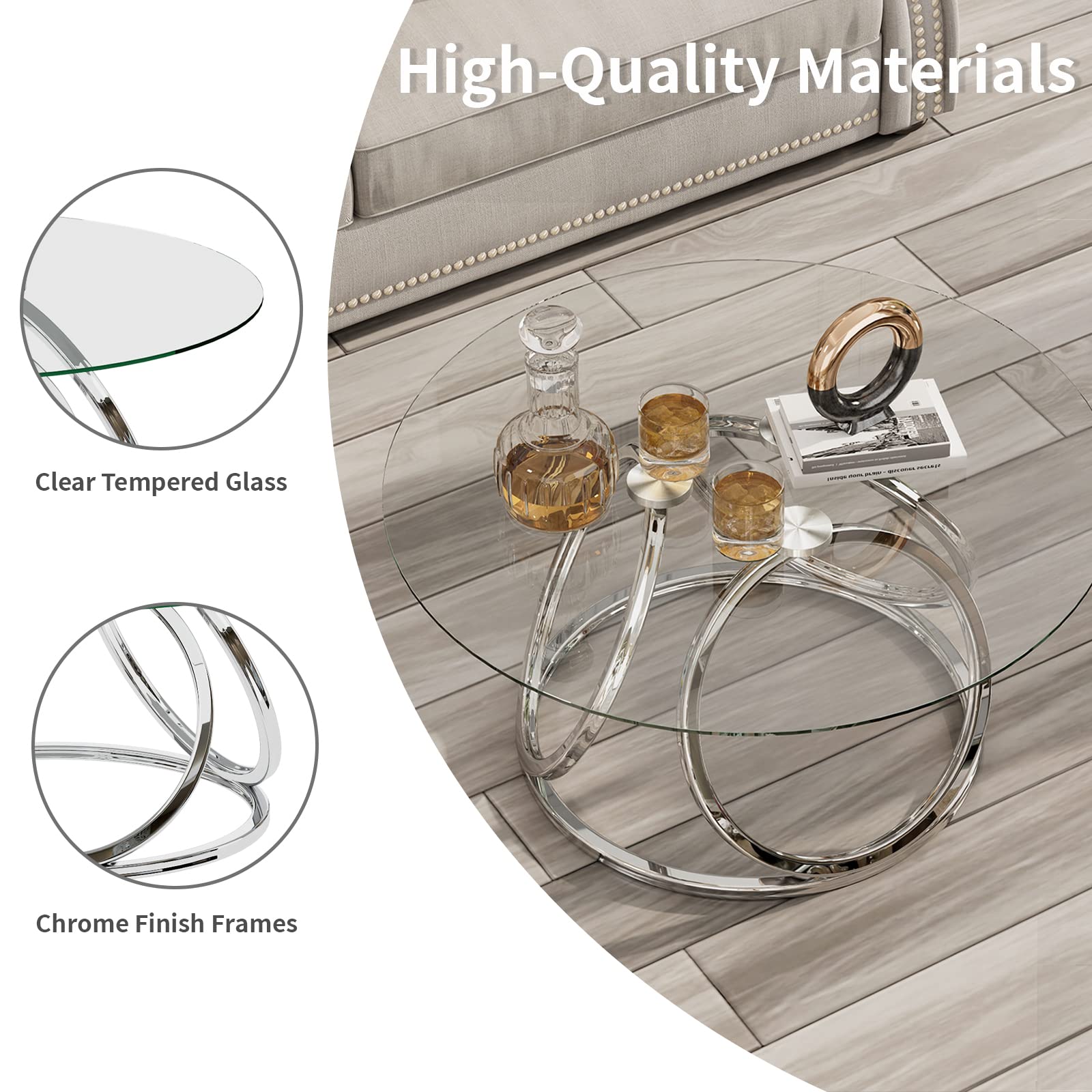 Modern Silver Glass Coffee Table with Ring-Shaped Chrome Frames - Stylish Living Room & Office Center Table - Durable Tempered Glass Top for Home Decor - Perfect for Entertaining Guests or Relaxing with Coffee