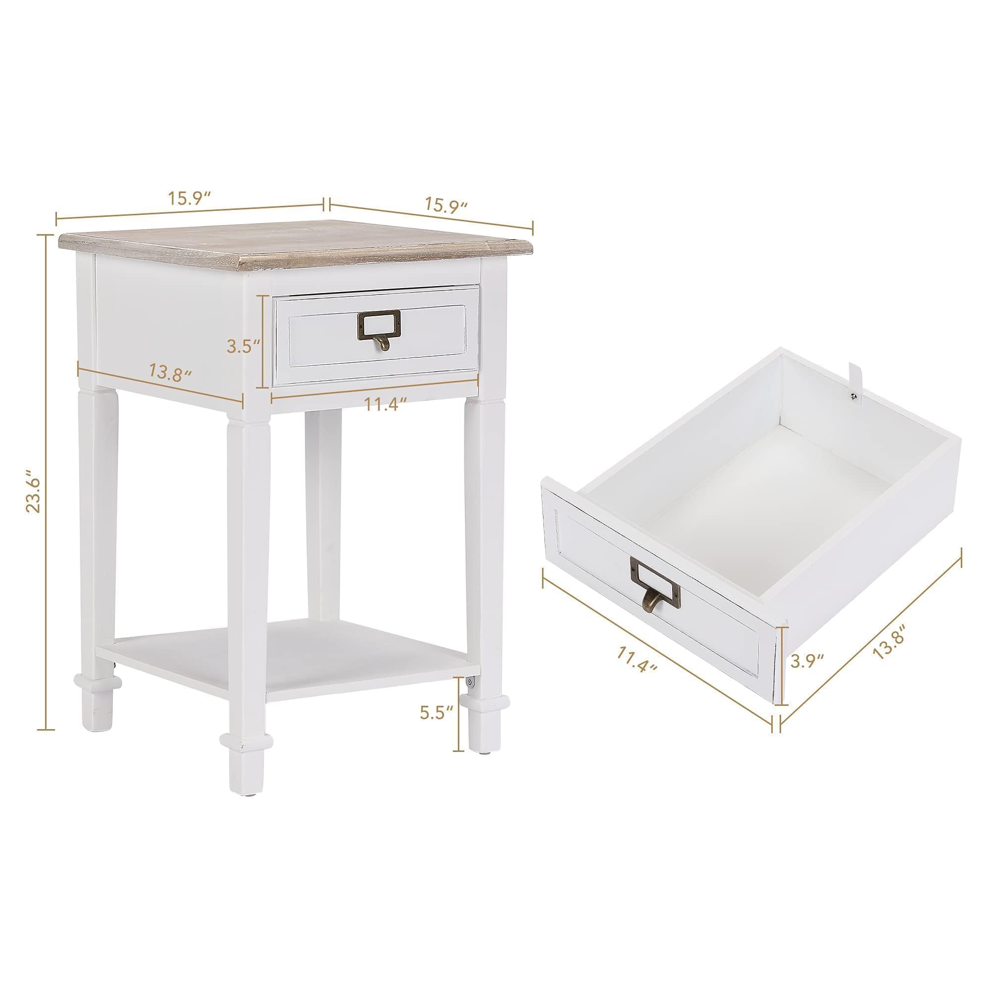 Rustic Farmhouse End Table with Drawers & Open Shelf - Handcrafted Wooden Nightstand for Living Room, Bedroom - Set of 2 White Accent Tables - Perfect for Cozy Home Decor & Small Space Storage
