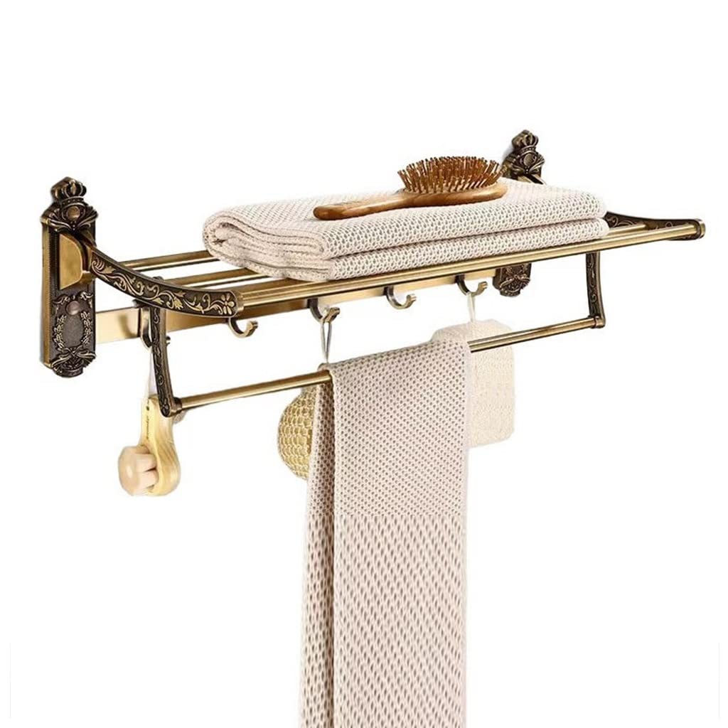 Antique Brass Foldable Towel Rack - Aluminum Bathroom Shelf with Hooks for Towels & Accessories - Perfect for Small Spaces