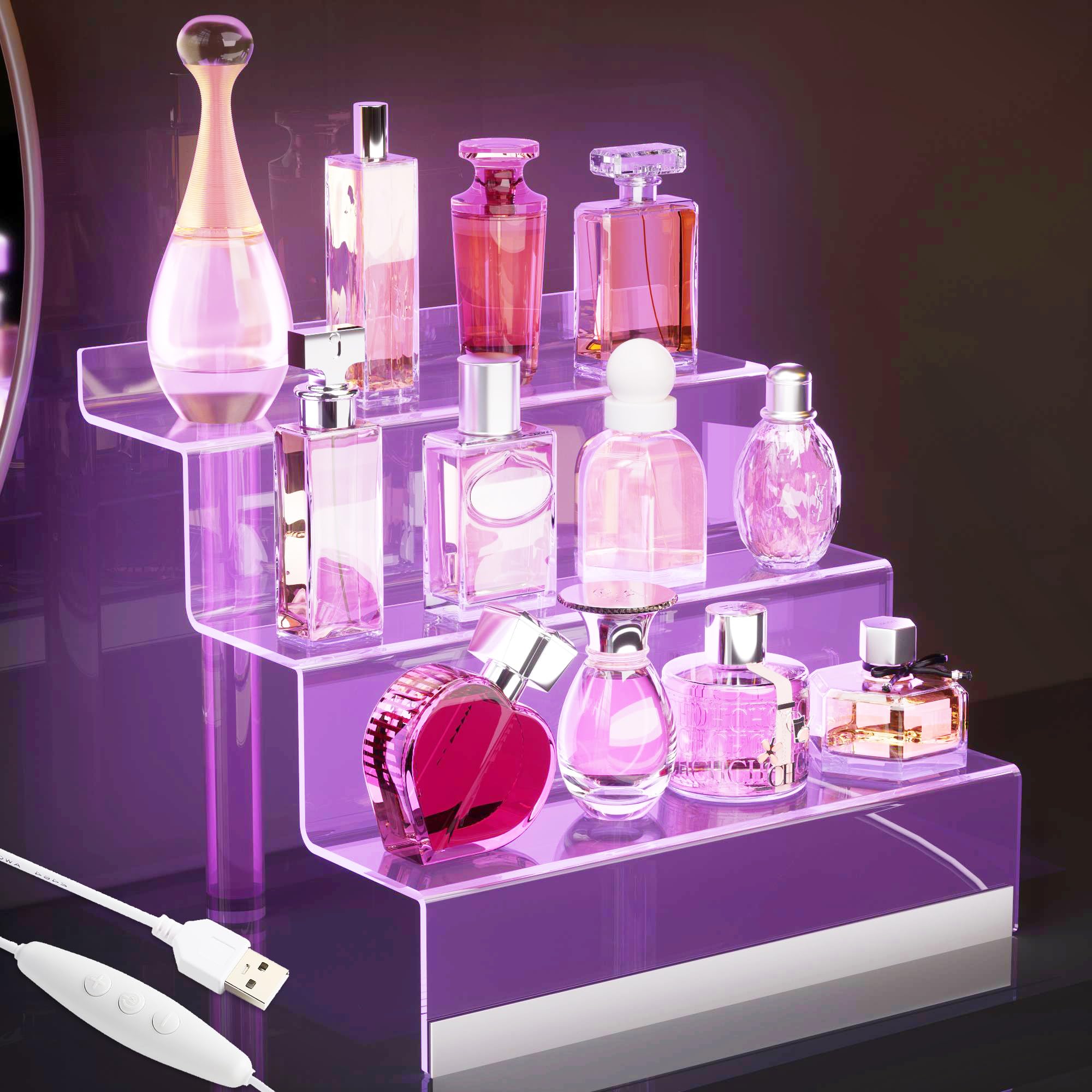 3-Tier Acrylic Perfume Display Stand with LED Lights - Clear Cologne Organizer for Men & Women, Multi-Purpose Shelf for Fragrances, Figures, Cupcakes & Desserts - Perfect for Vanity, Bathroom & Retail Store Displays