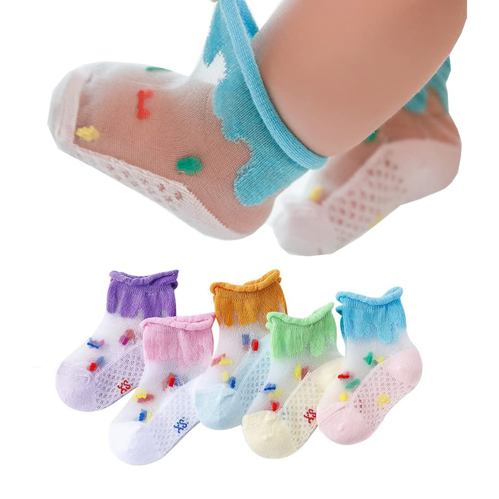 5 Pairs Girls Ruffle Lace Socks - Toddler Summer Sheer Socks with Crystal Details for Princess Style | Ultra-Thin Invisible Socks for School, Party & Everyday Wear