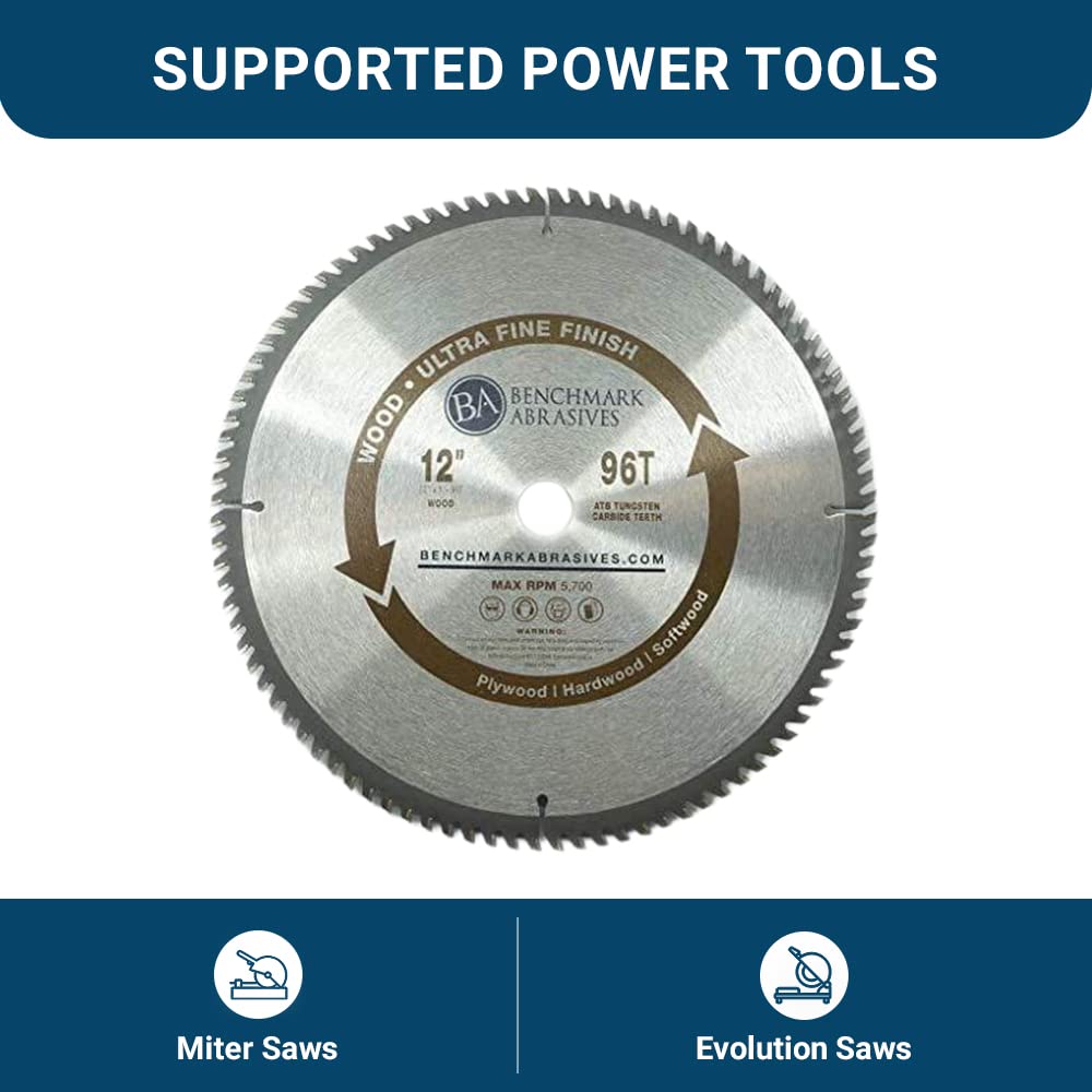 Benchmark Abrasives 12 Inch TCT Saw Blade - 96 Teeth Tungsten Carbide Tipped Circular Saw Blade with 5/8