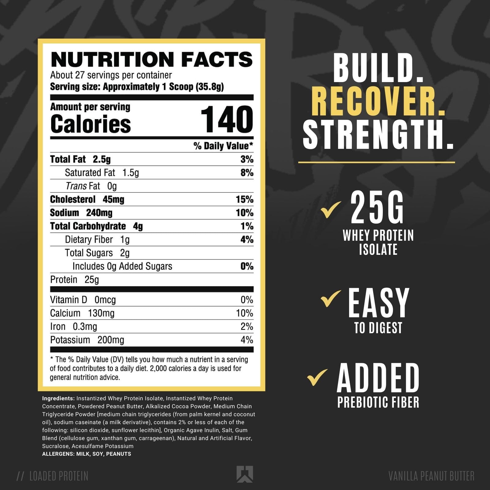 Ryse Loaded Protein Powder - 25g Whey Protein Isolate & Concentrate with Prebiotic Fiber & MCTs | Low Carb Low Sugar Supplement | Vanilla Peanut Butter Flavor (27 Servings) for Post-Workout Recovery & Muscle Growth