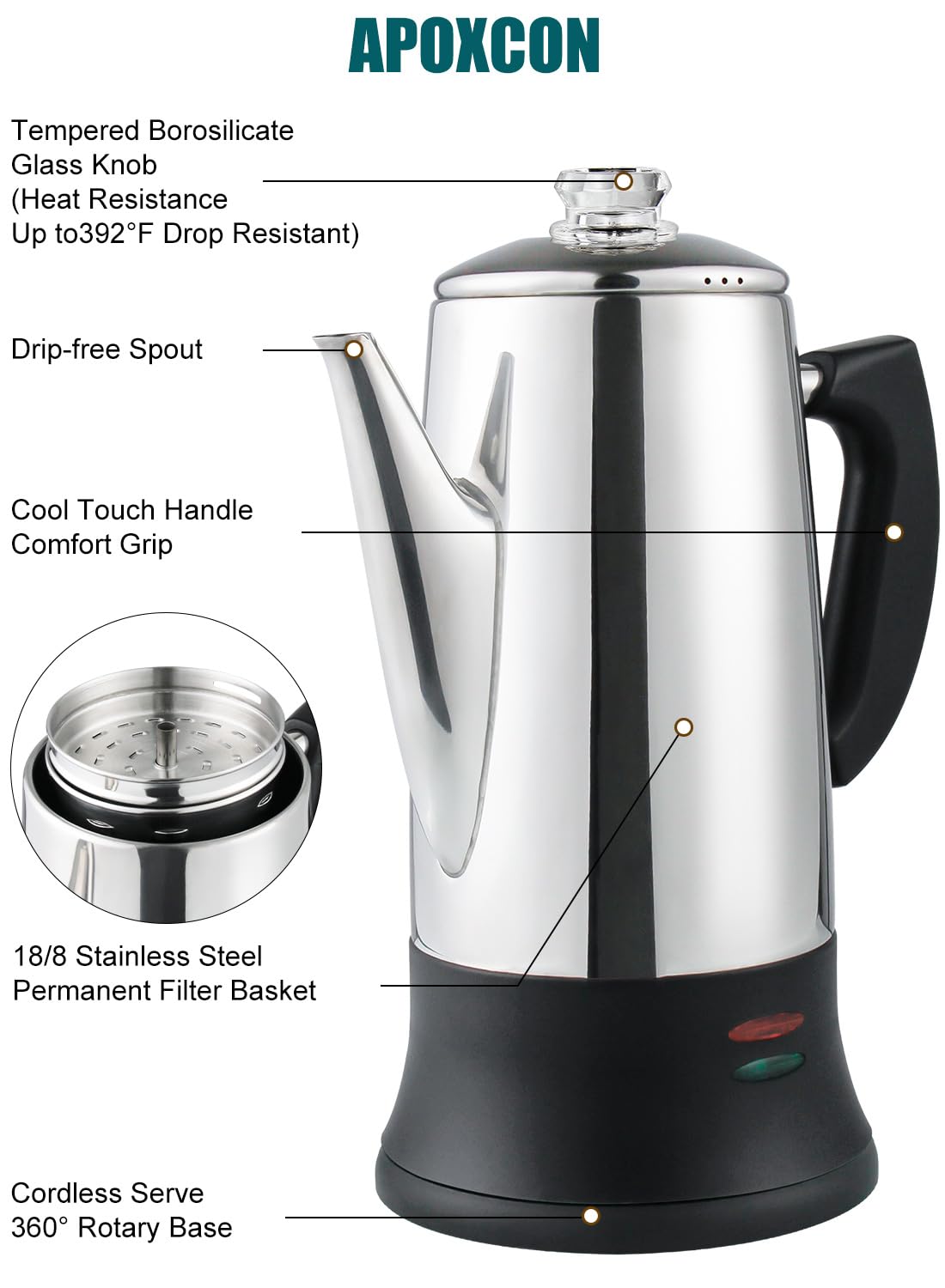 12 Cup Electric Coffee Percolator - ETL Approved Stainless Steel Coffee Maker with Heat-Resistant Glass Knob | Classic Cordless Design for Home, Office & Camping Use