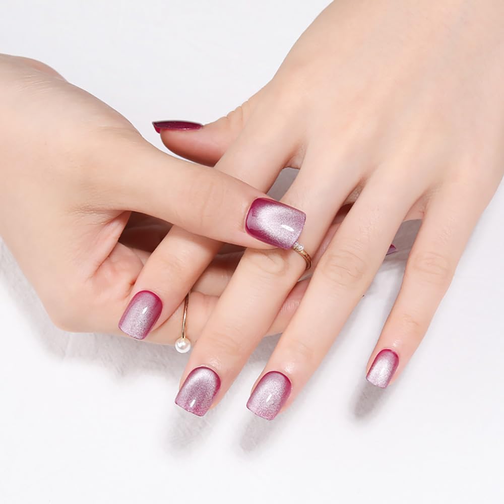 Short Square Press on Nails - Purple Cat Eye Fake Nails | Reusable Glossy Acrylic Stick on Nails Kit for Women | Perfect for Parties, Weddings & Everyday Glam
