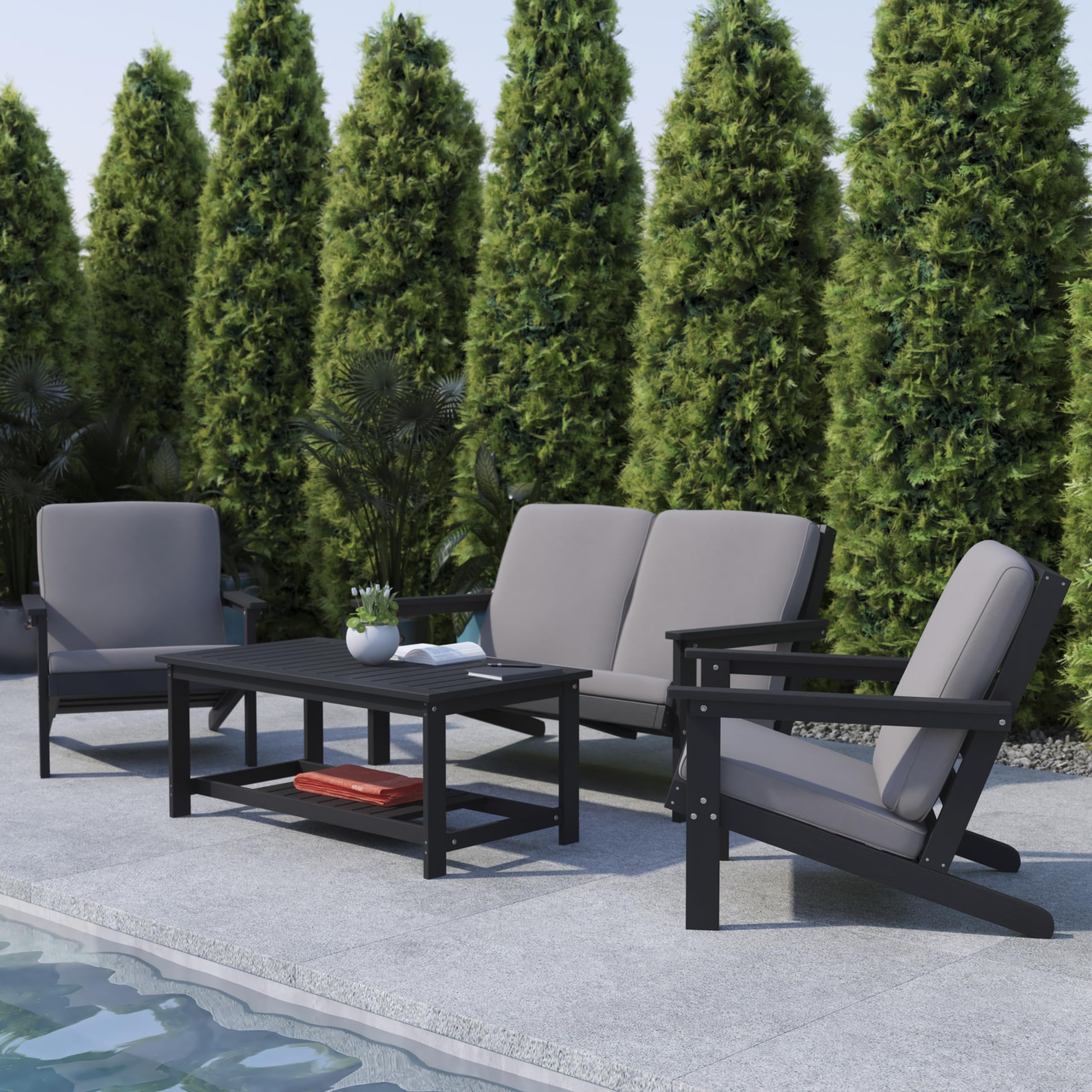 Two-Tiered Commercial Grade Adirondack Coffee Table - Durable Black Poly Resin Wood - All-Weather Outdoor Furniture - Slatted Shelf Design - Perfect for Patio, Deck, Garden, and Poolside Relaxation