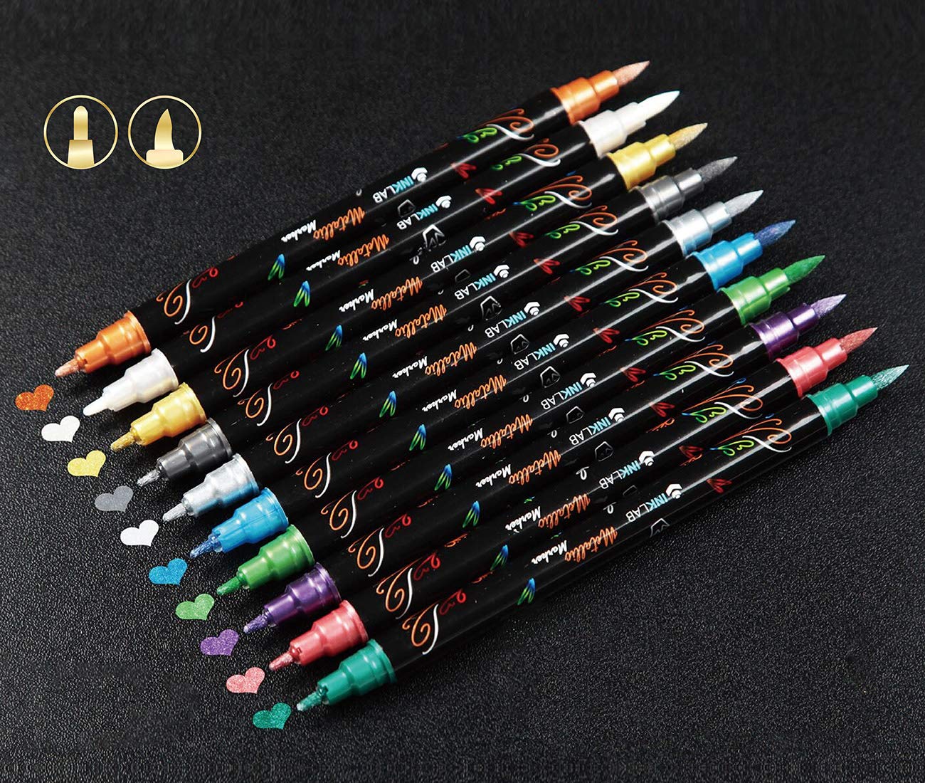 INK LAB 24Pcs Dual Tip Brush Pens - Metallic Art Markers for Calligraphy, Lettering & Drawing on Wood, Ceramic, Rock, Metal - Perfect for Card Making, Scrapbooking, Album Decor & DIY Crafts