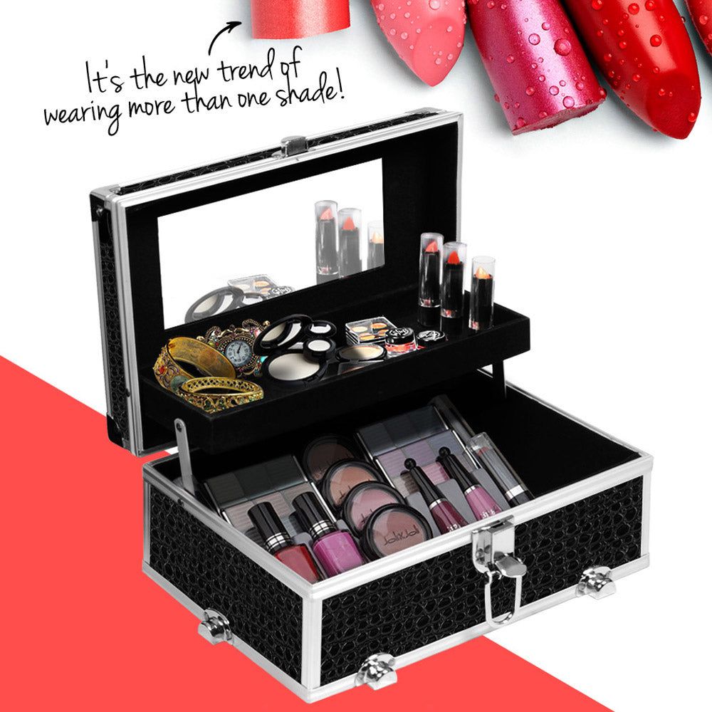 Embellir Portable Cosmetic Makeup Case with Mirror - Black Crocodile Design for Travel & Daily Use | Organize Your Beauty Essentials On-The-Go