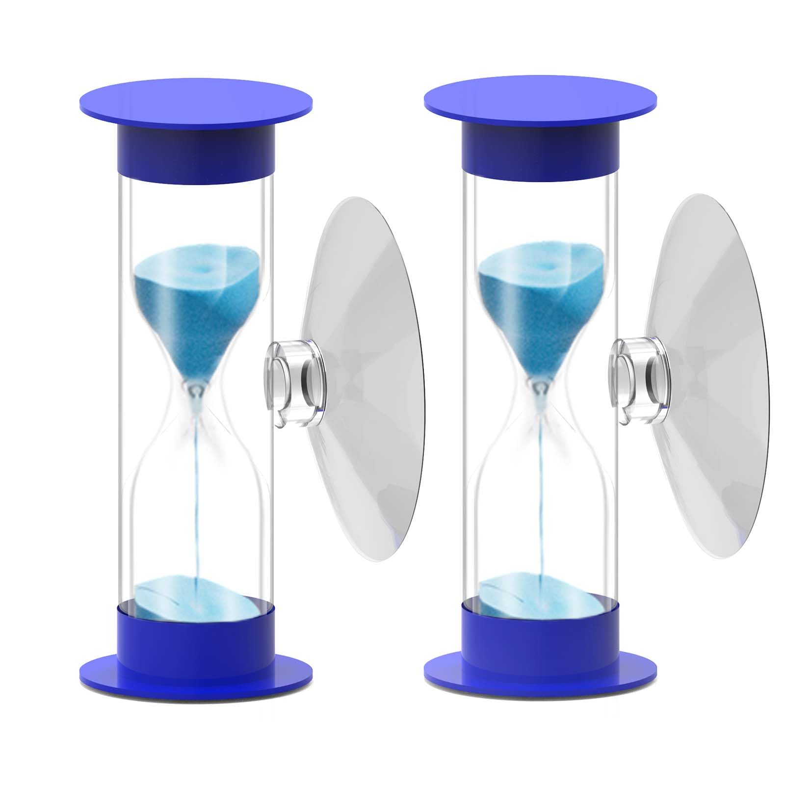 2 Minute Hourglass Sand Timer with Suction Cup - Set of 2 Small Unbreakable Plastic Sand Clock for Kids, Toothbrush Timer, Rotatable Sand Watch for Classroom, Games & Time Management (Blue)