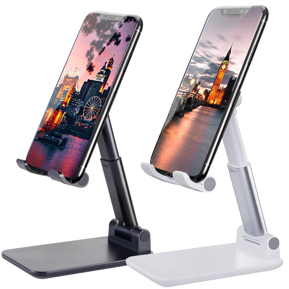2 Pack Adjustable Phone Stand for Desk - Foldable & Portable Cell Phone Holder for iPhone 14/13/12 & Smartphones - Perfect for Video Calls, Watching Movies & Hands-Free Use at Home/Office