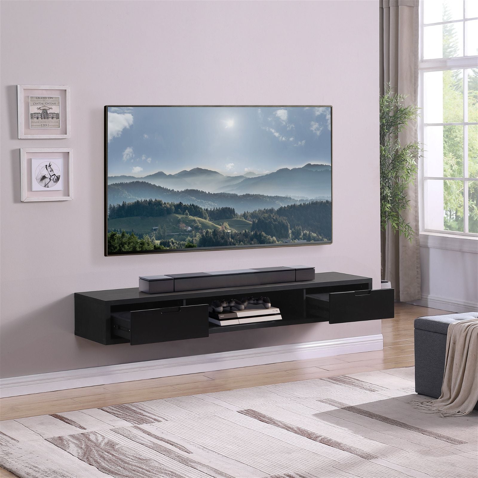 Criterion 1800mm Black Oak Wall Mounted TV Stand - Modern Entertainment Center for Living Room, Bedroom & Home Theater Setup