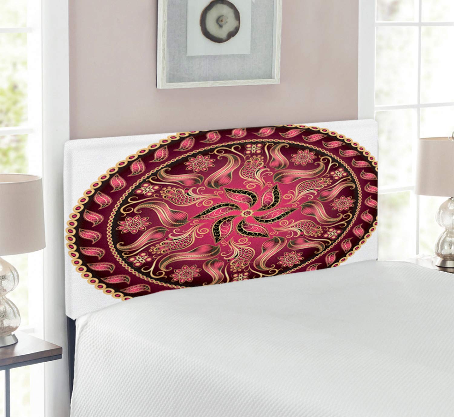 Ambesonne Vintage Mandala Upholstered Headboard - Twin Size Metal Bed Frame with Memory Foam - Boho Chic Decorative Headboard in Magenta & Yellow - Perfect for Meditation Rooms, Guest Bedrooms & Bohemian Home Decor