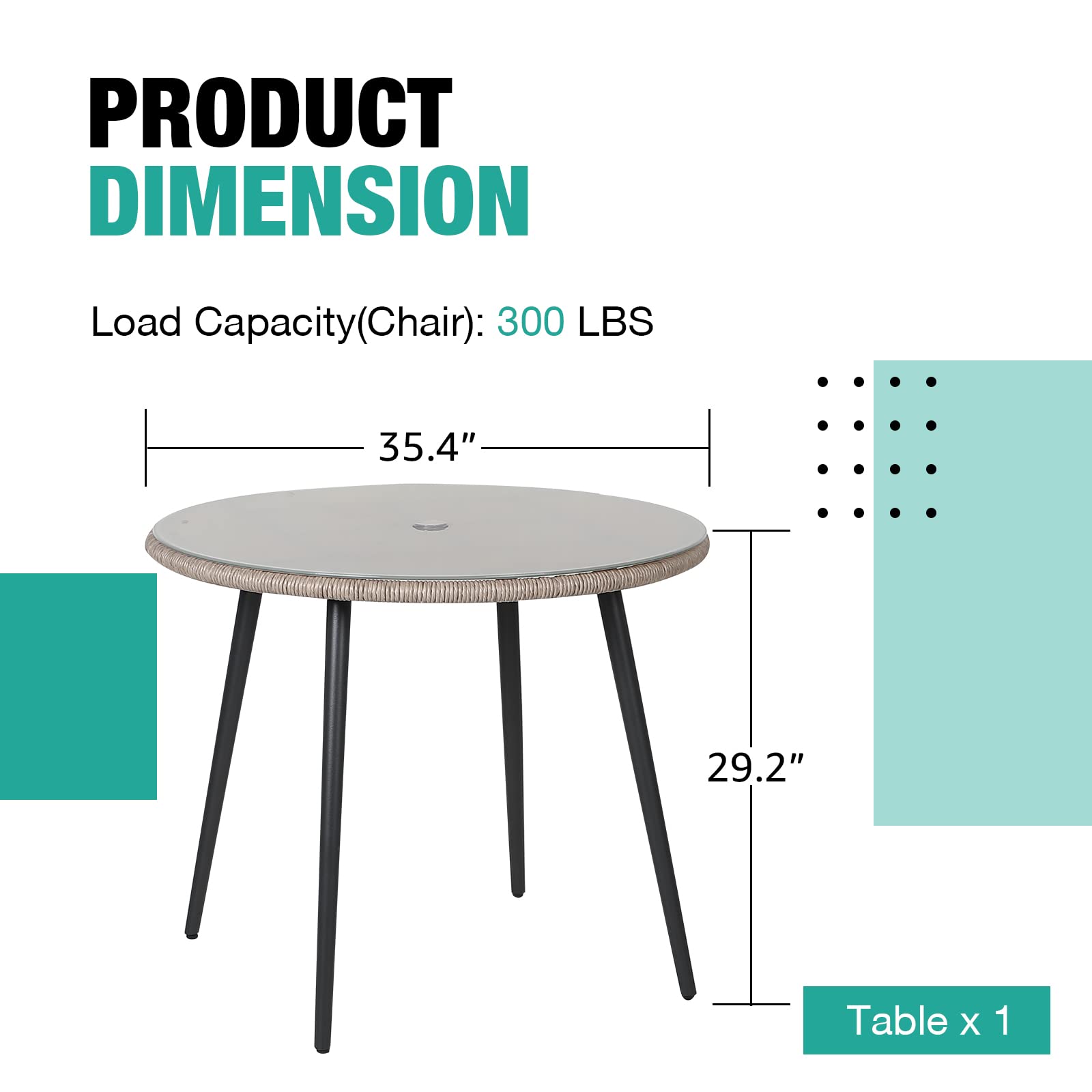 35'' Round Patio Dining Table - All-Weather Rattan Wicker with Tempered Glass Top & Umbrella Hole - Outdoor Coffee Table for Garden, Poolside, Backyard, Restaurant (Tan) | Perfect for Al Fresco Dining, Pool Parties & Outdoor Entertaining