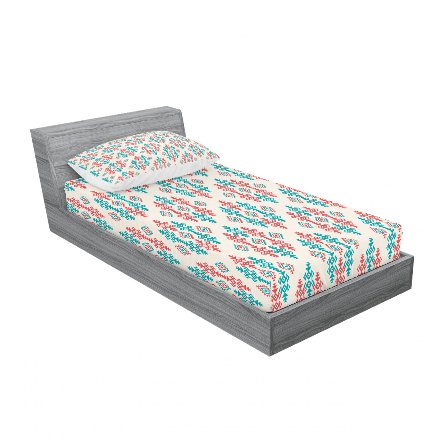 Ambesonne Ethnic 2-Piece Twin Size Fitted Sheet Set with 2 Pillow Shams - Traditional Local Pattern Coral Turquoise White Bedding - Perfect for Guest Rooms, Dorms & Bohemian Style Bedroom Decor