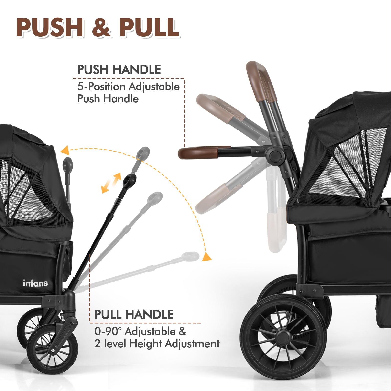 INFANS 2-in-1 Collapsible Stroller Wagon for Kids - Adjustable Push/Pull Handle, Removable Canopy & Snack Tray, Comfortable Upholstered Seats with Drop-Down Footwell - Perfect for Family Outings, Beach Trips and Park Adventures