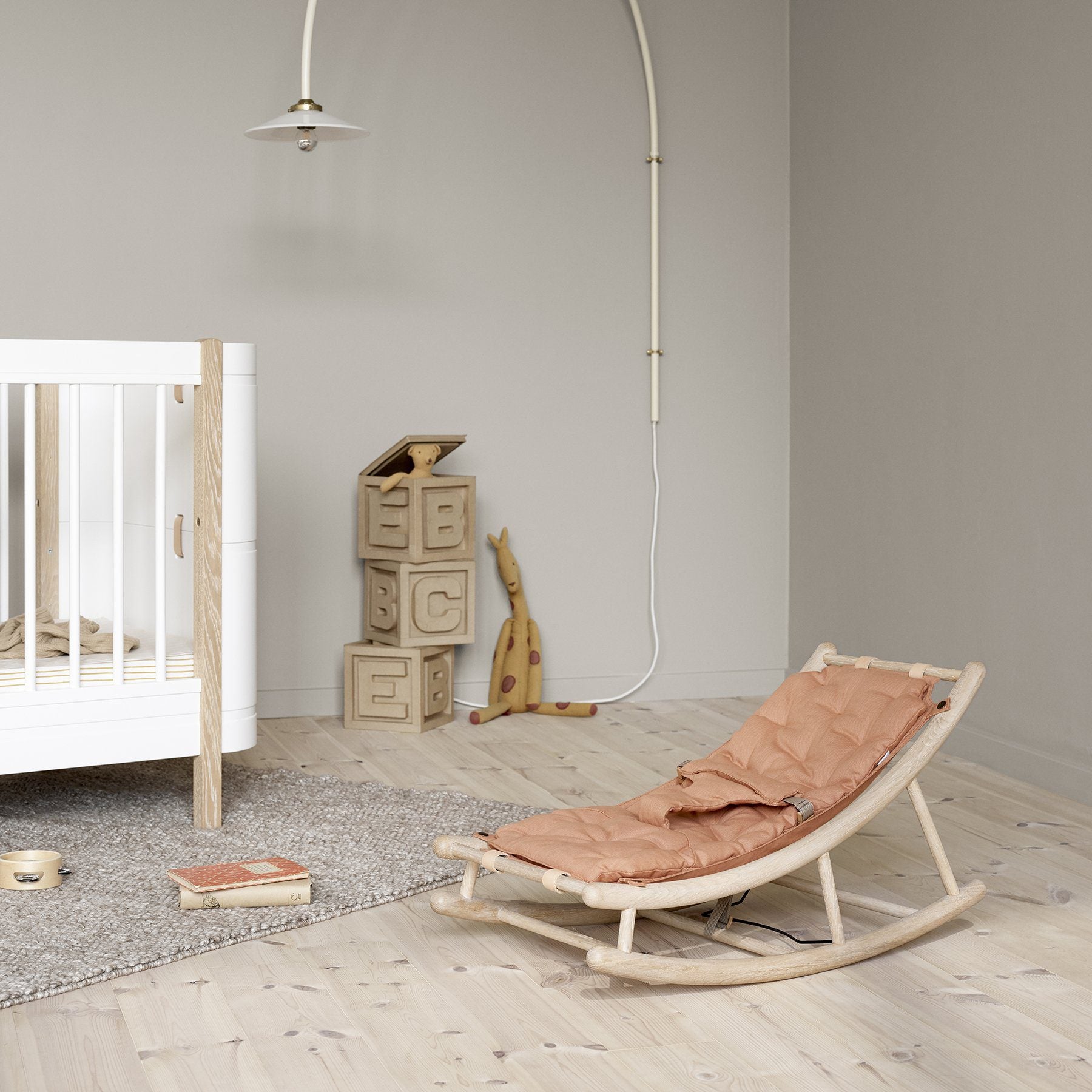OLIVER FURNITURE Wooden Baby Rocking Chair - Natural Oak Finish with Caramel Cushion | Nursery Rocker for Newborns & Infants | Perfect for Bedrooms, Daycare Centers & Gift Giving