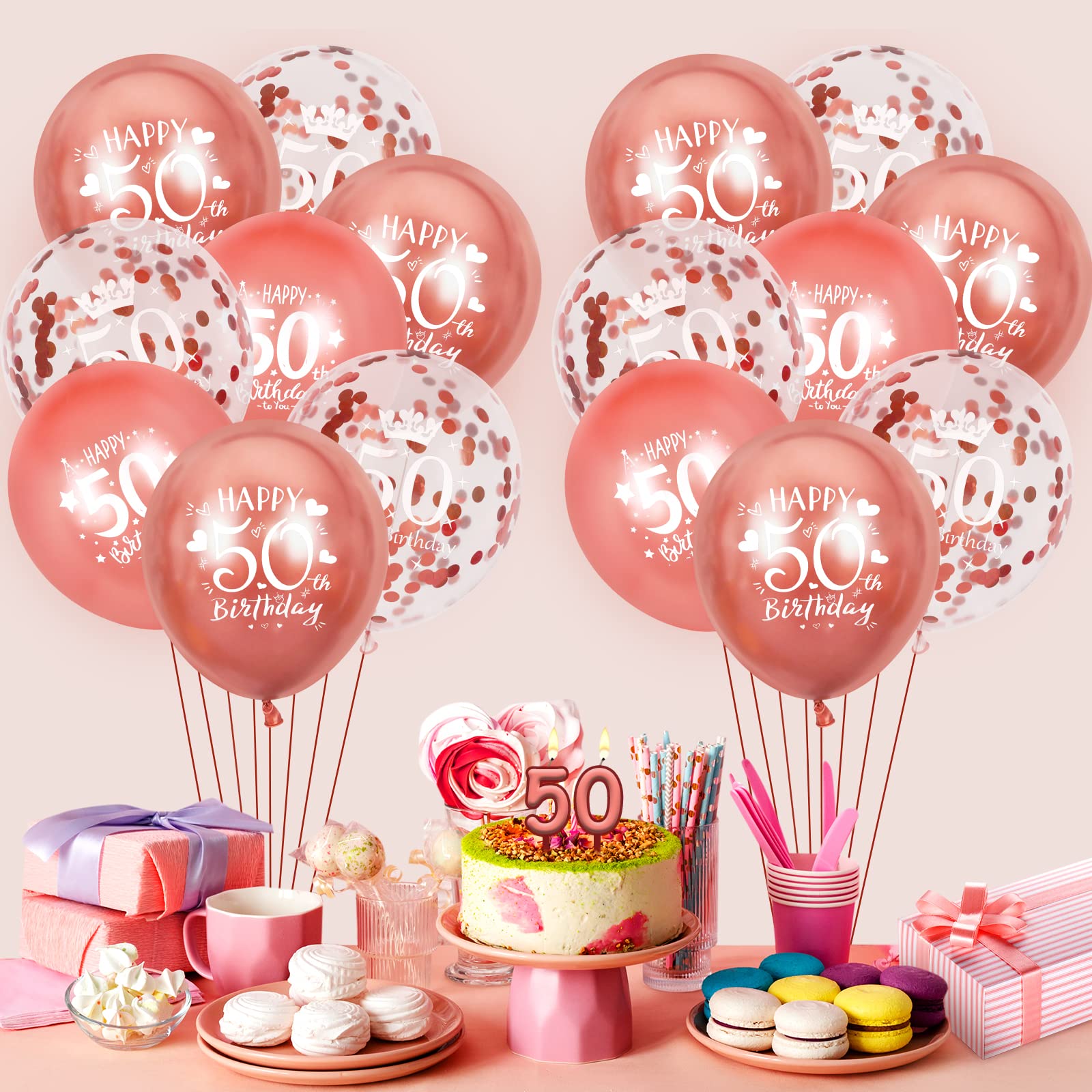 RUMIA 15-Piece Rose Gold 50th Birthday Balloon Set - Happy 50th Birthday Party Decorations for Women & Men - Perfect for Anniversary Celebrations, Milestone Parties & Photo Backdrops