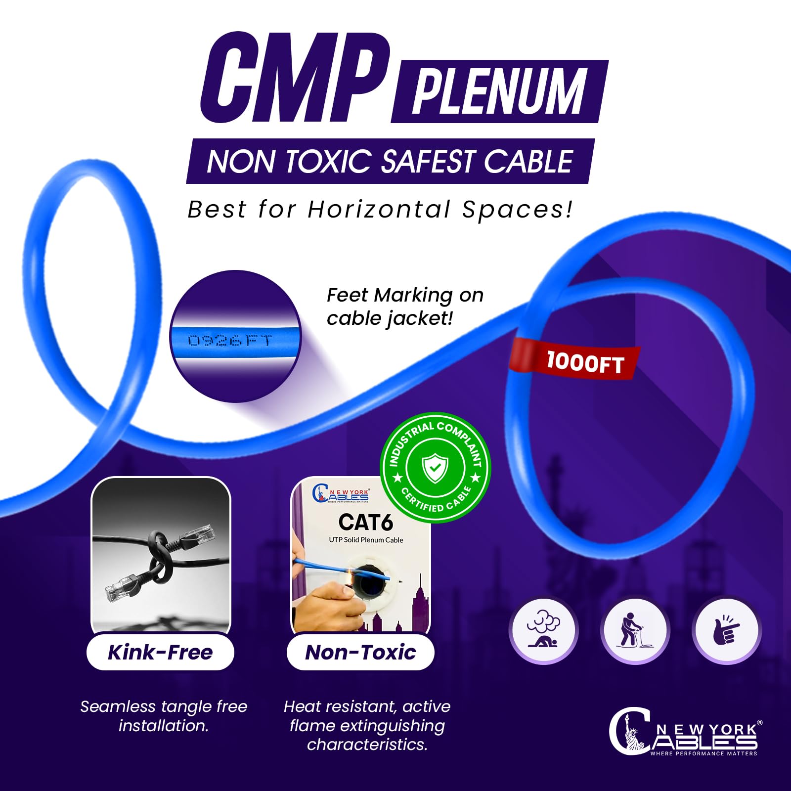 Premium CAT6 Plenum Cable 1000FT (CMP) - 23AWG 4-Pair UTP Ethernet Cable for 10GB & 550MHz High-Speed Networking - Ideal for Office, Data Center, Gaming & Home Theater Installations - Plenum Rated for Safety